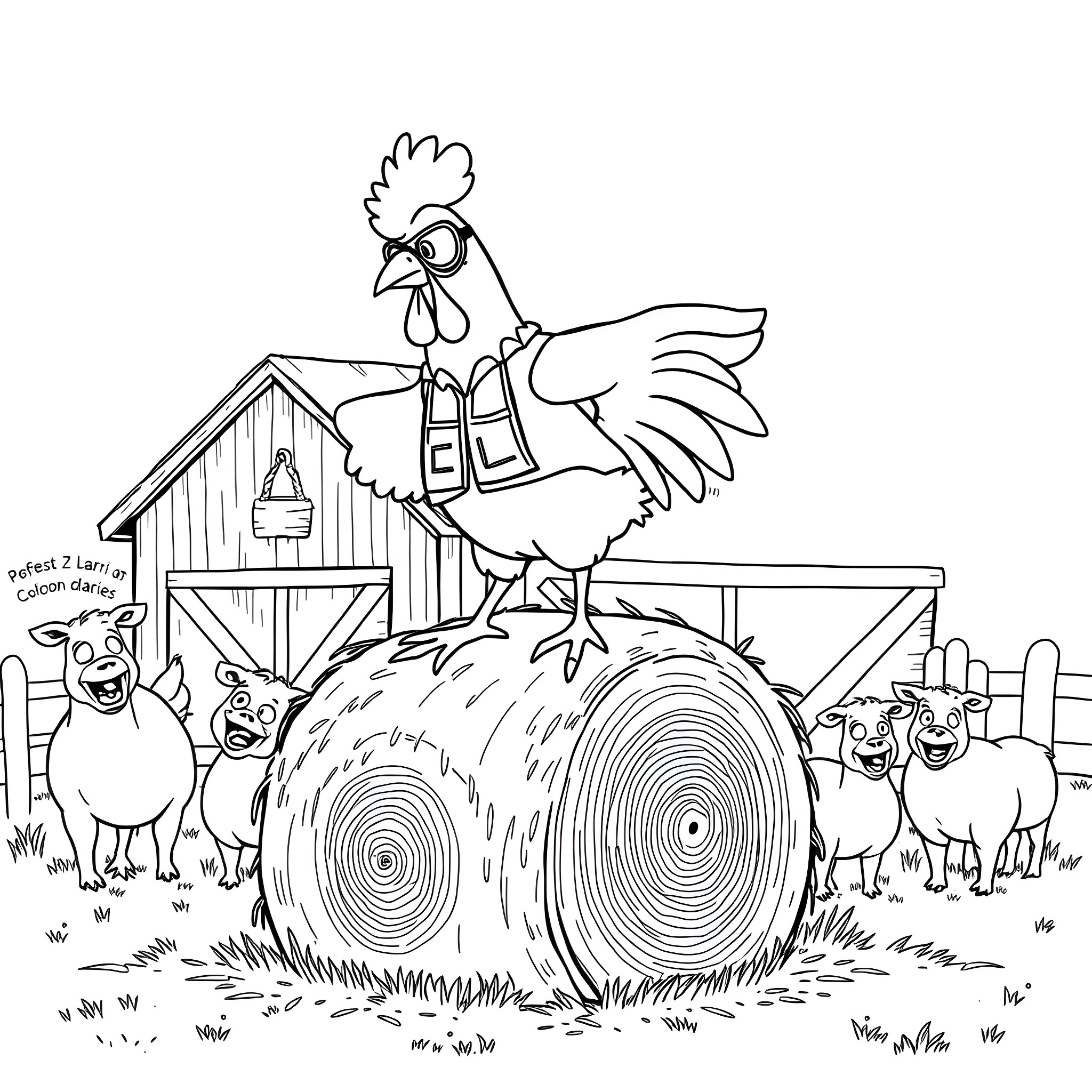 Chicken standing on top of a hay bale with farm animals Coloring Page (free black-and-white line drawing printable PDF for all, from beginners to advanced learners, including children, teens, adults, and seniors)
