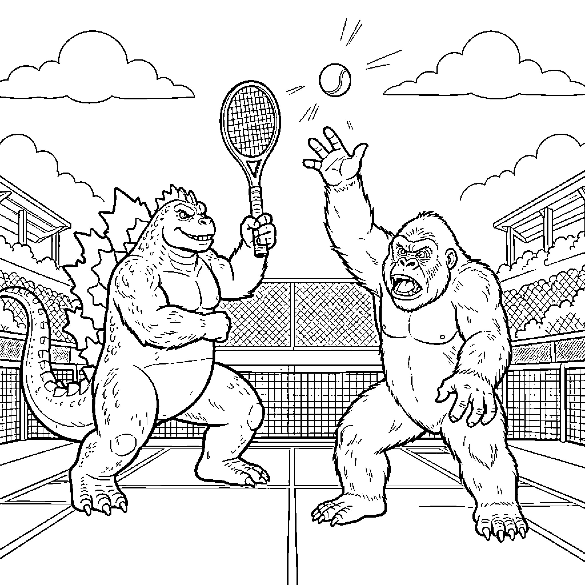 Godzilla and King Kong playing tennis Coloring Page (free black-and-white line drawing printable PDF for all, from beginners to advanced learners, including children, teens, adults, and seniors)