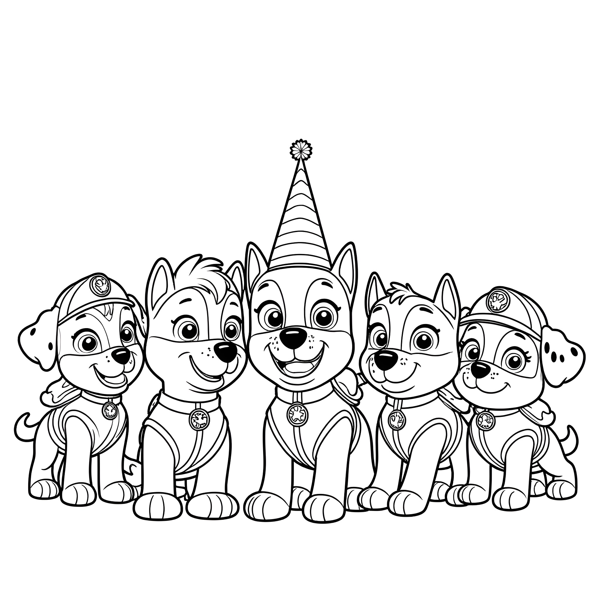 Paw Patrol Celebrating with Party Hats Coloring Page (free black-and-white line drawing printable PDF for all, from beginners to advanced learners, including children, teens, adults, and seniors)