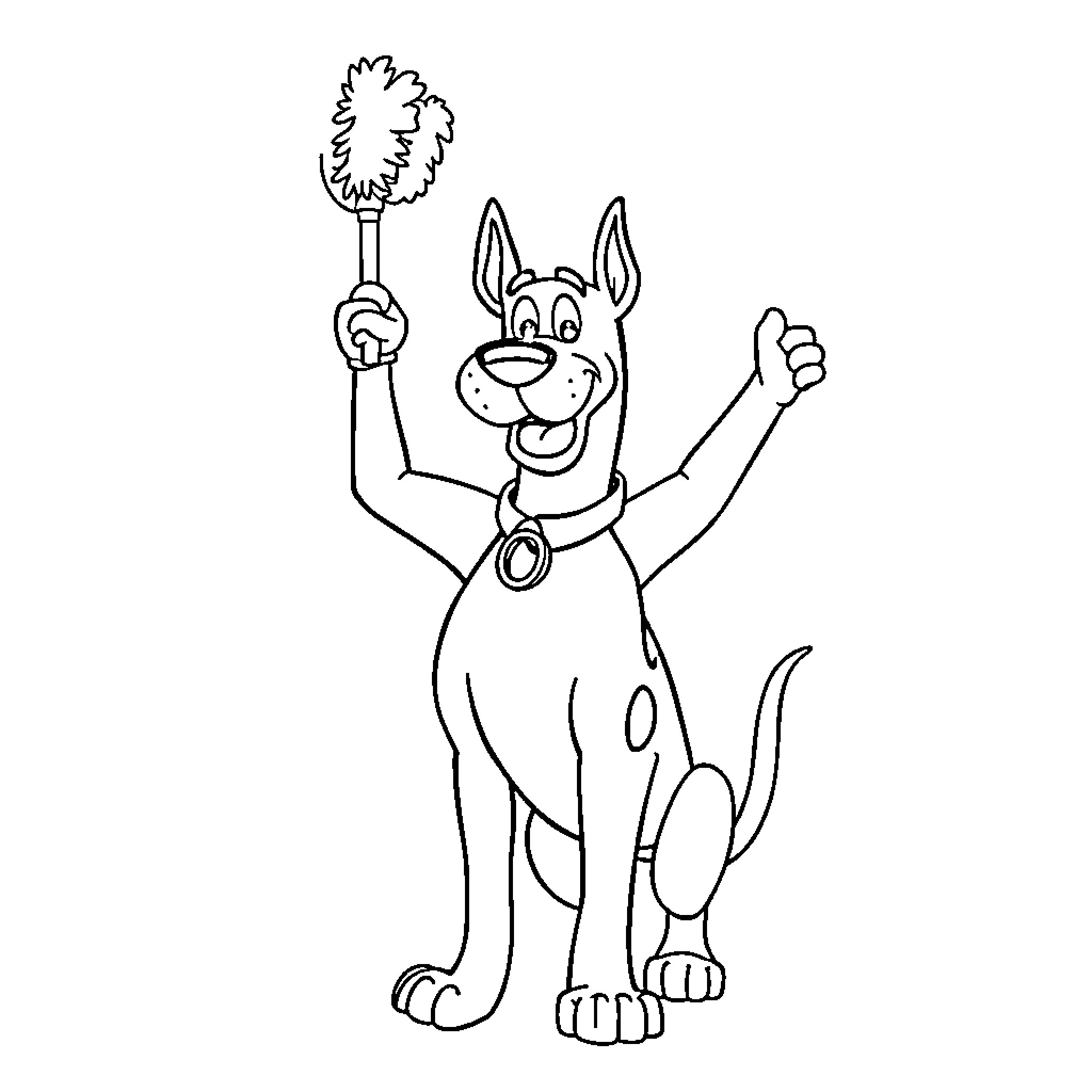 Scooby Doo with a cleaning brush Coloring Page (free black-and-white line drawing printable PDF for all, from beginners to advanced learners, including children, teens, adults, and seniors)
