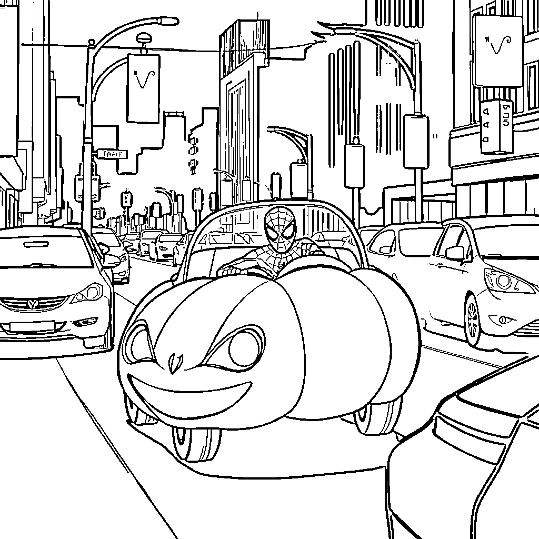 Spiderman travels in a quirky vehicle through the city Coloring Page (free black-and-white line drawing printable PDF for all, from beginners to advanced learners, including children, teens, adults, and seniors)