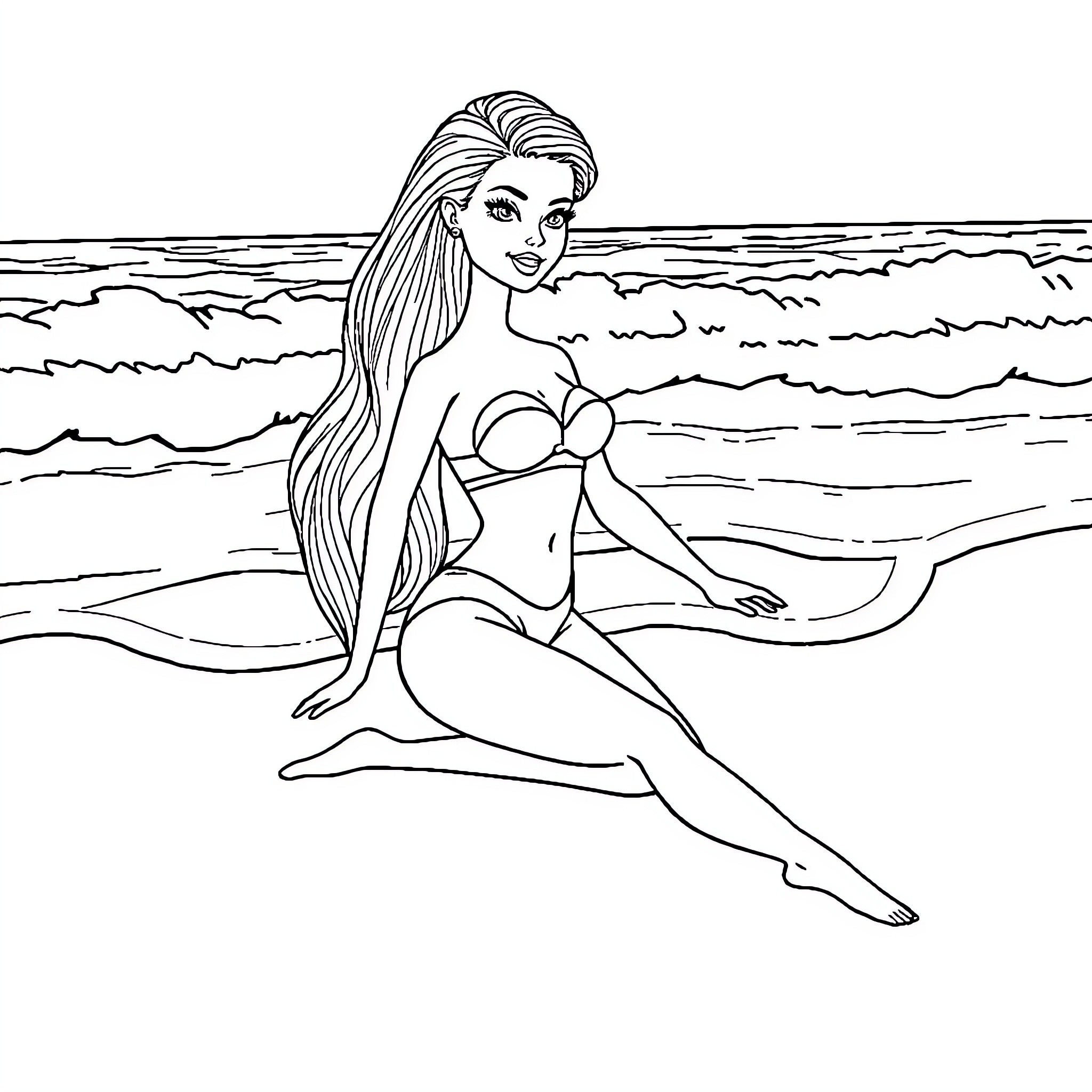 Barbie relaxes on the beach Coloring Page (free black-and-white line drawing printable PDF for all, from beginners to advanced learners, including children, teens, adults, and seniors)