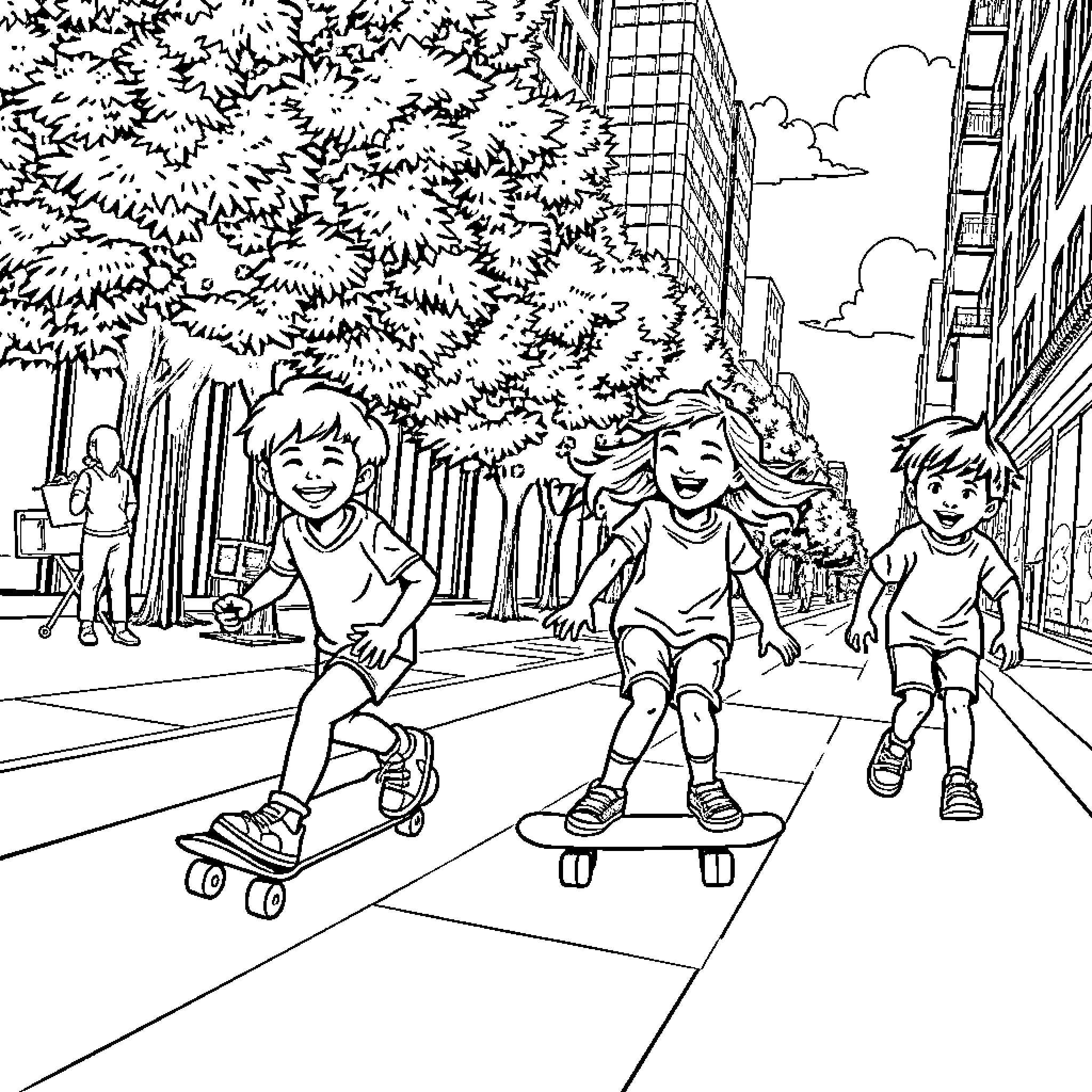 Kid playing on skates in the city park Coloring Page (free black-and-white line drawing printable PDF for all, from beginners to advanced learners, including children, teens, adults, and seniors)