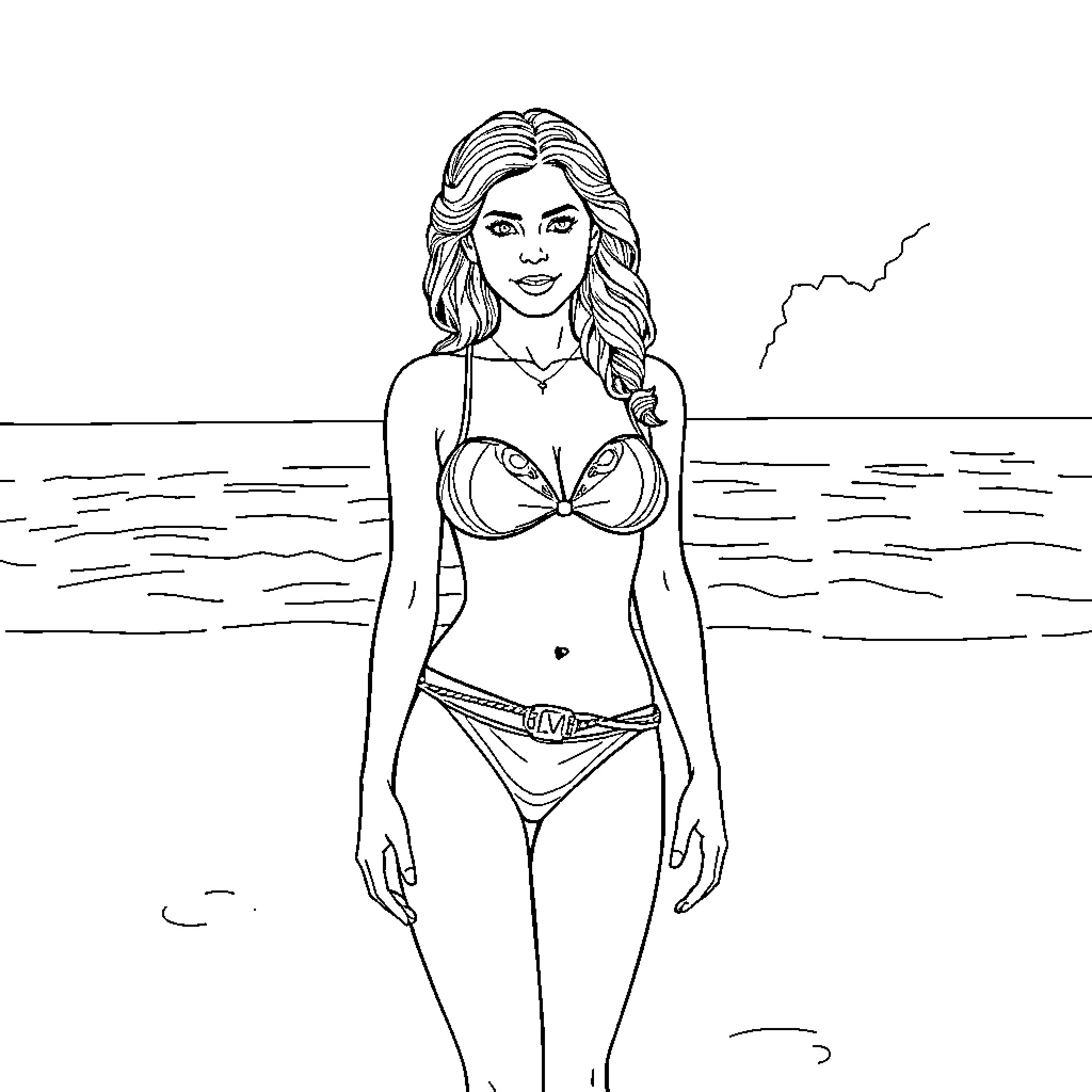 Princess Leia in Bikini on Exotic Beach Coloring Page (free black-and-white line drawing printable PDF for all, from beginners to advanced learners, including children, teens, adults, and seniors)