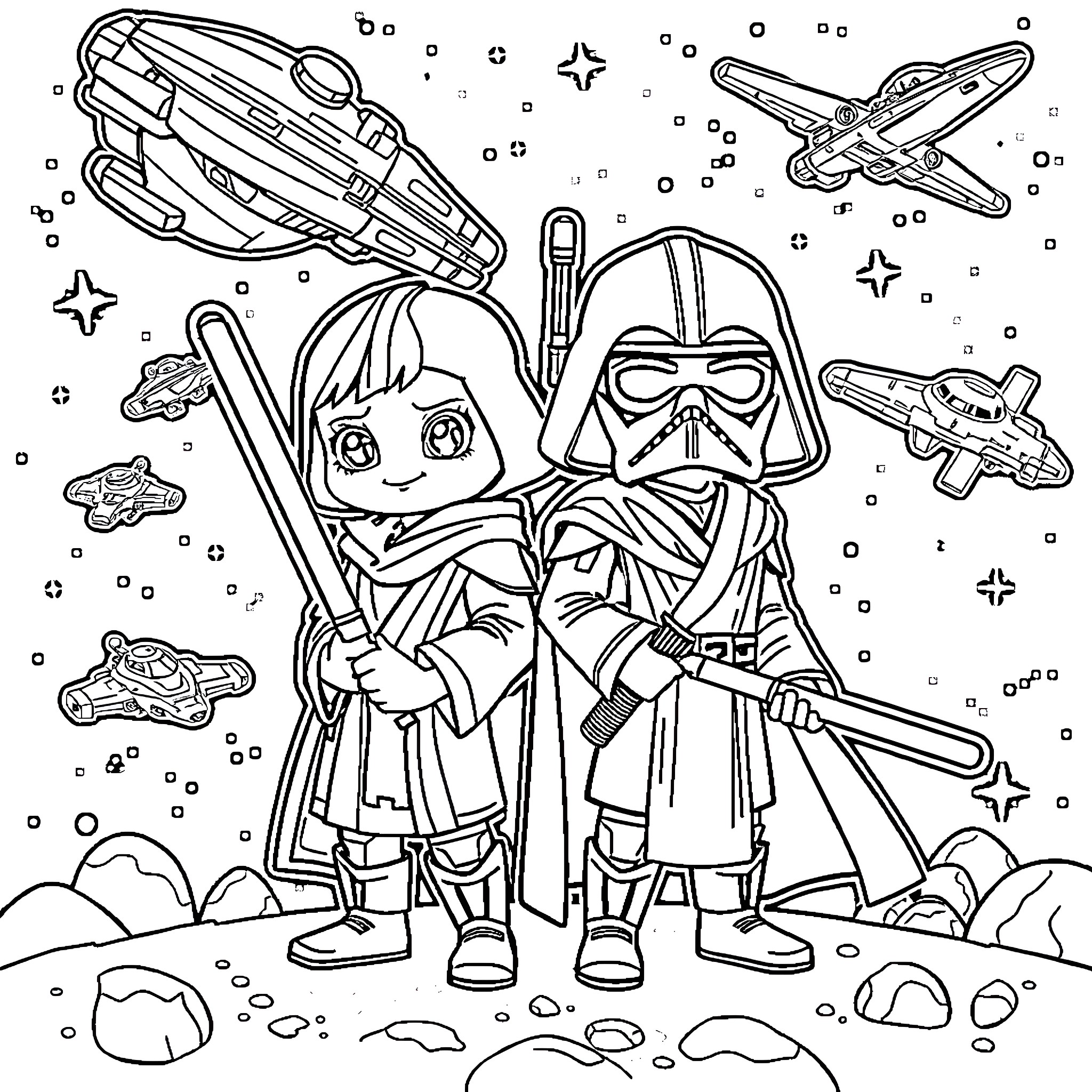 Bluey and Bingo playing in a space adventure Coloring Page (free black-and-white line drawing printable PDF for all, from beginners to advanced learners, including children, teens, adults, and seniors)