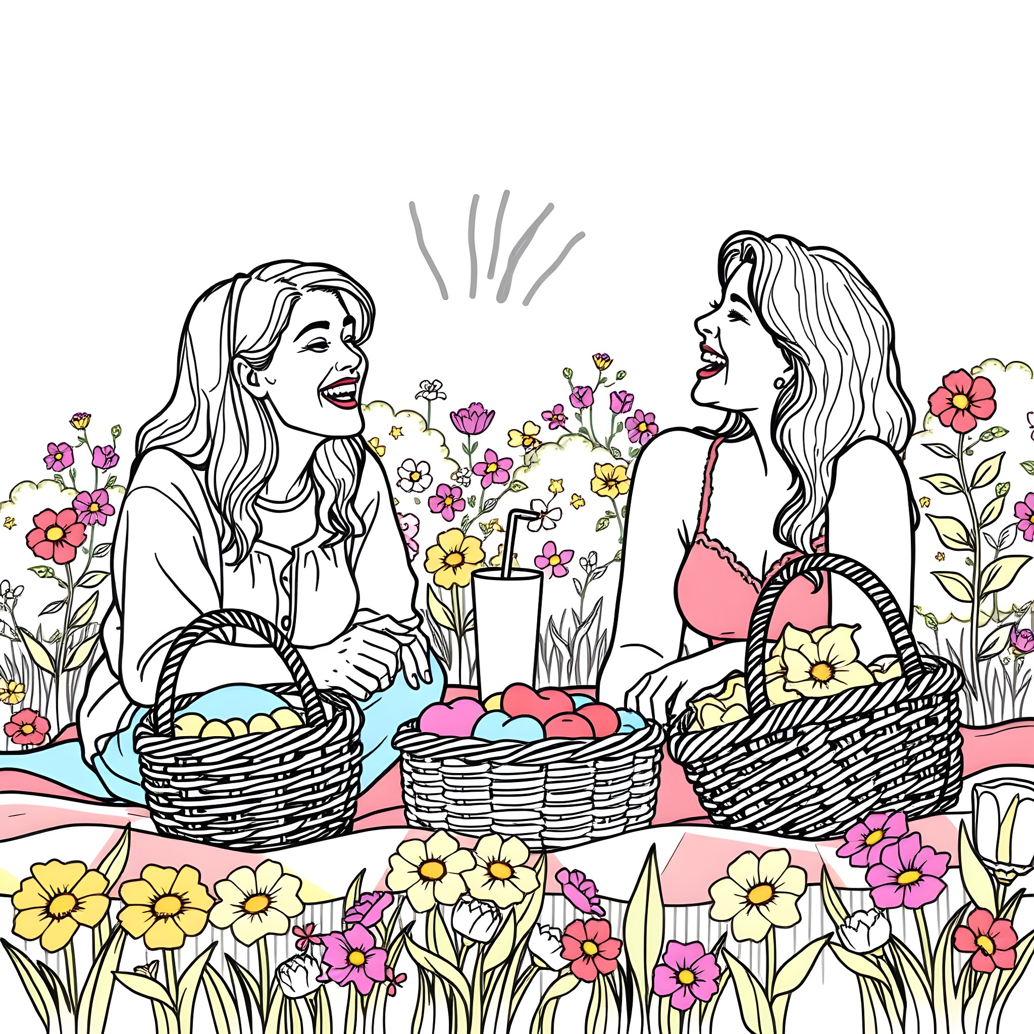 Trans Lesbian Picnic in the Flower Garden Coloring Page (free black-and-white line drawing printable PDF for all, from beginners to advanced learners, including children, teens, adults, and seniors)