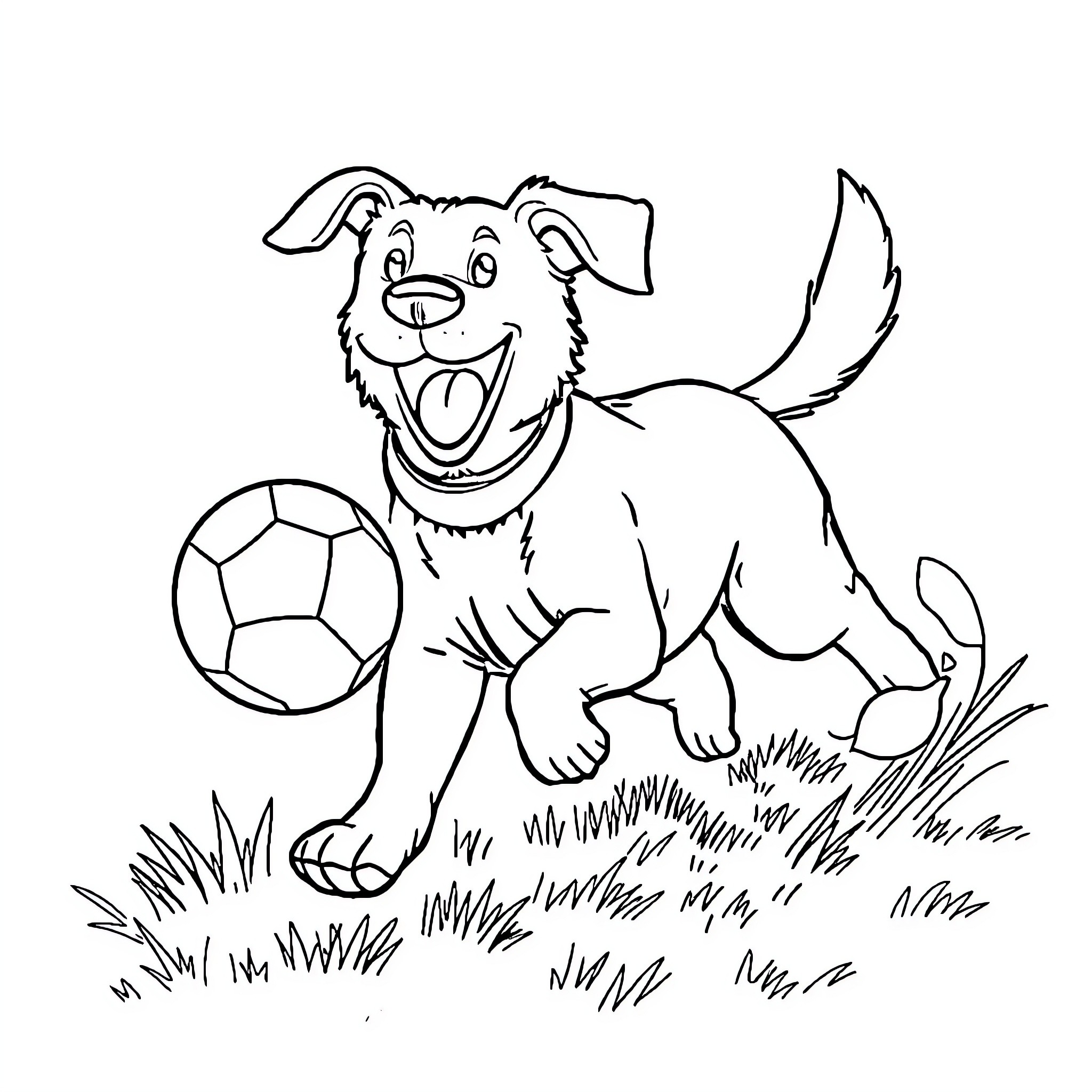 Dog playing with soccer ball in the yard Coloring Page (free black-and-white line drawing printable PDF for all, from beginners to advanced learners, including children, teens, adults, and seniors)