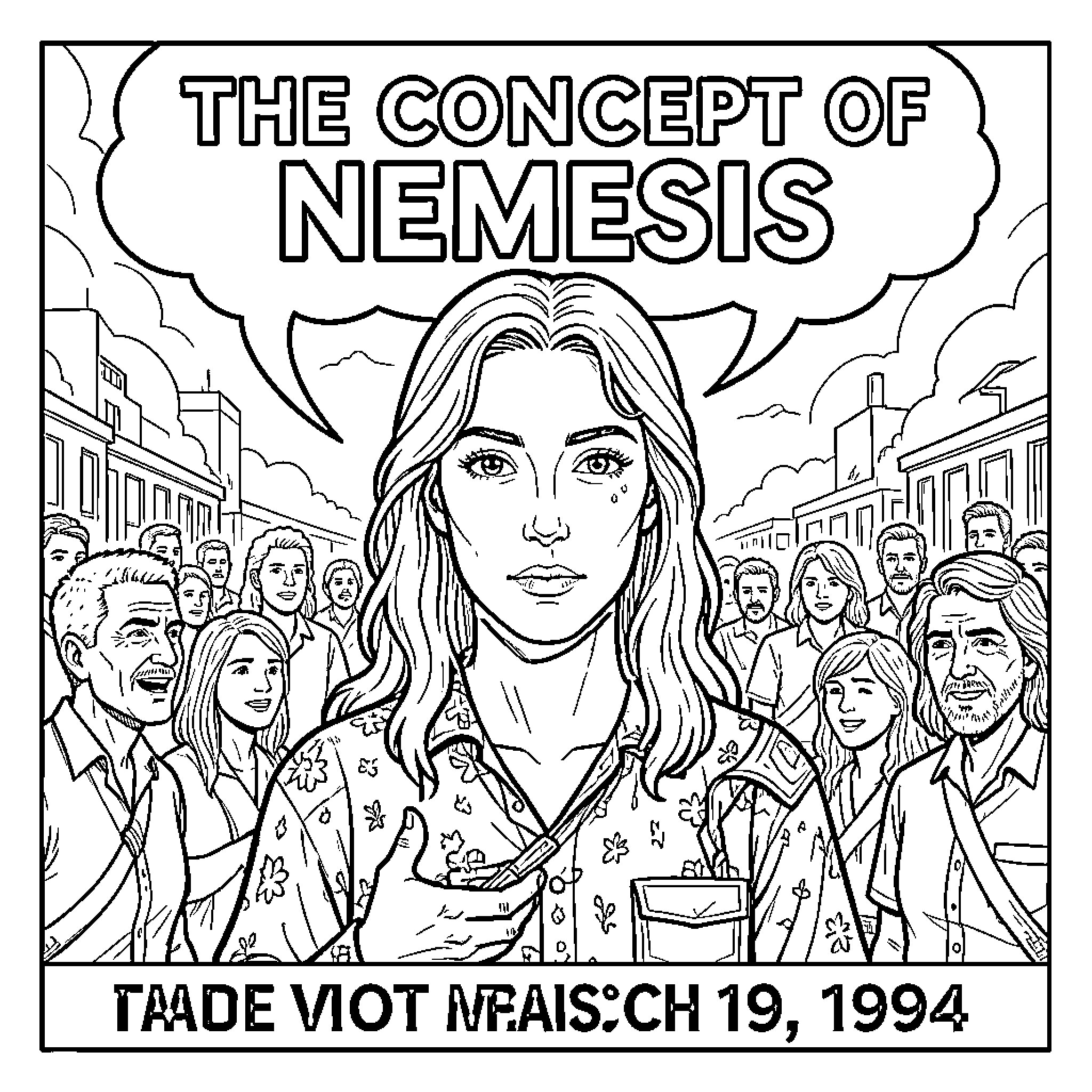 Nemesis: The Concept of Nemesis - A Diverse Crowd Coloring Page (free black-and-white line drawing printable PDF for all, from beginners to advanced learners, including children, teens, adults, and seniors)
