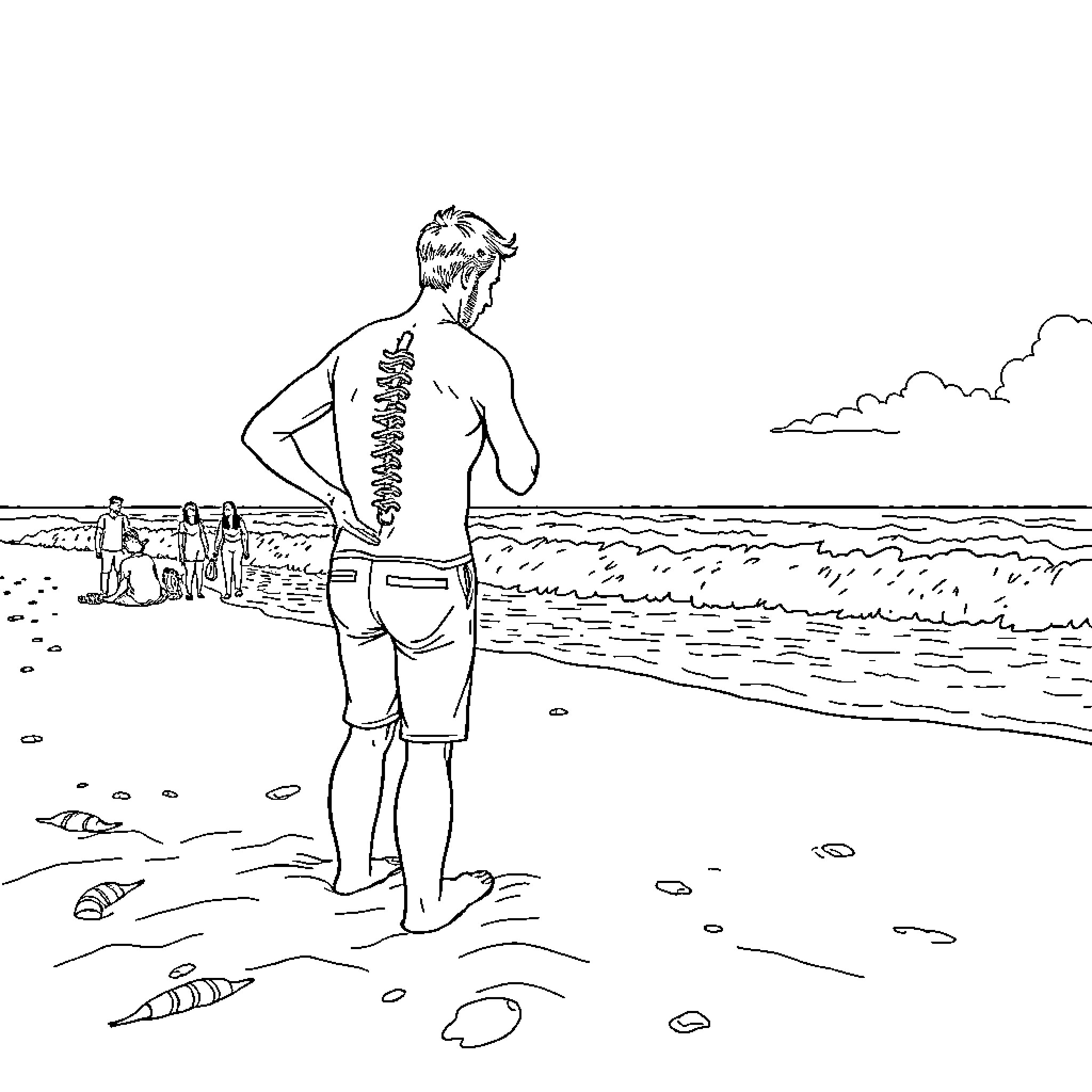 Chiropractor examines patient's back on beach Coloring Page (free black-and-white line drawing printable PDF for all, from beginners to advanced learners, including children, teens, adults, and seniors)