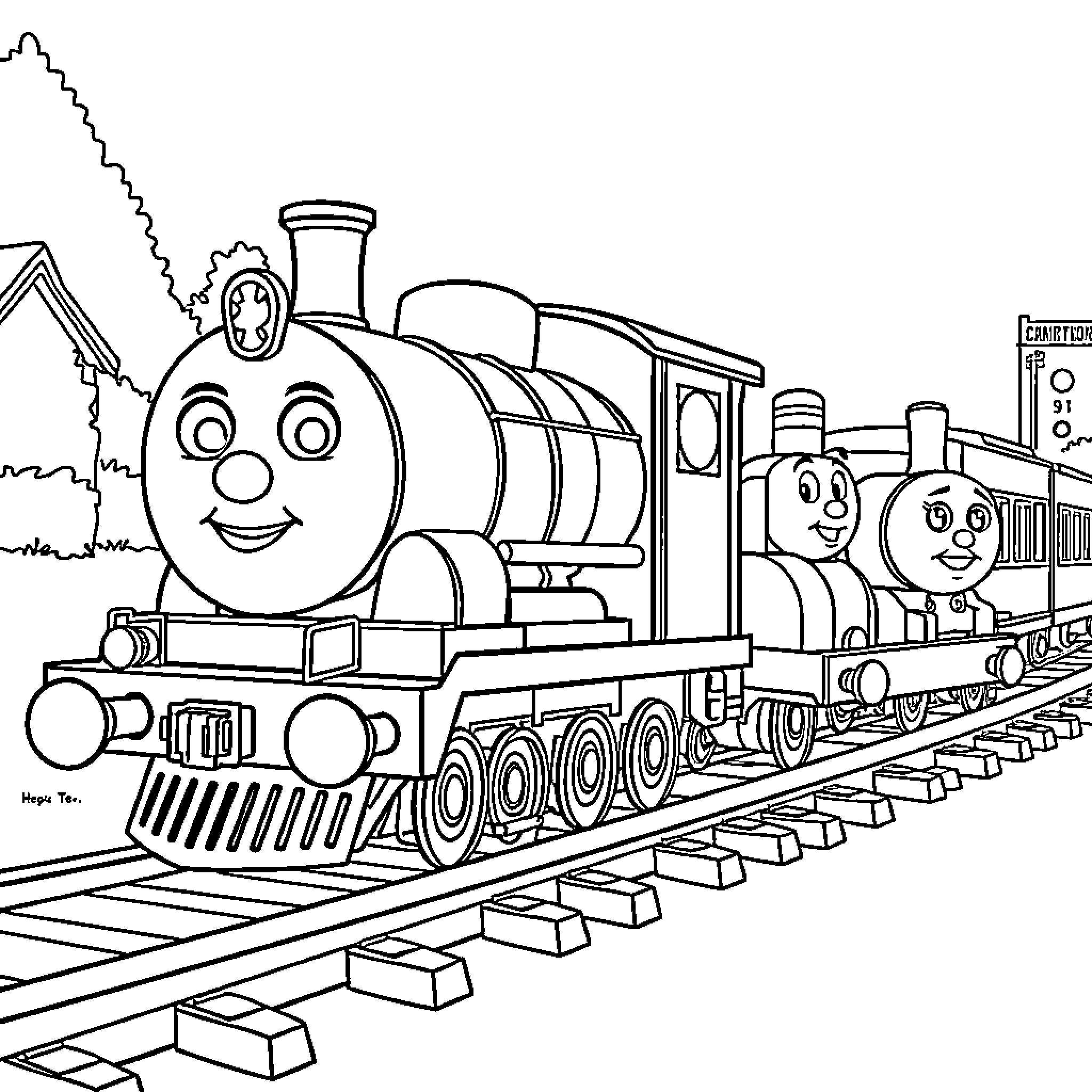 Chuggington trains on the railway tracks Coloring Page (free black-and-white line drawing printable PDF for all, from beginners to advanced learners, including children, teens, adults, and seniors)