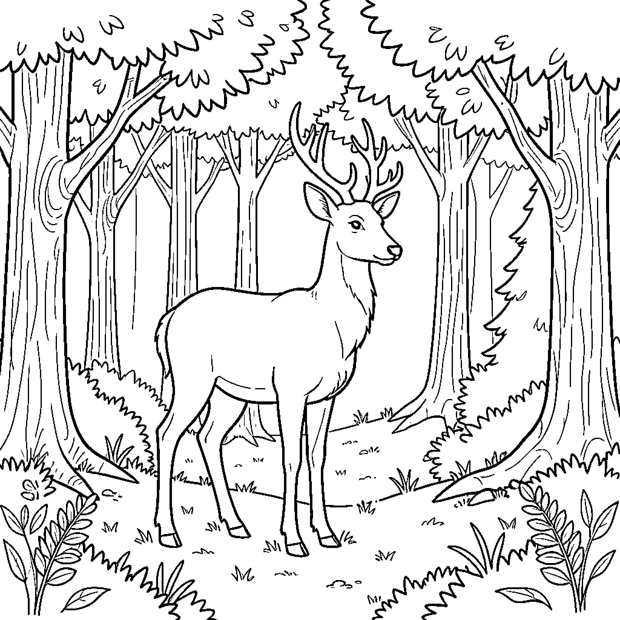Deer standing peacefully in a dense forest Coloring Page (free black-and-white line drawing printable PDF for all, from beginners to advanced learners, including children, teens, adults, and seniors)