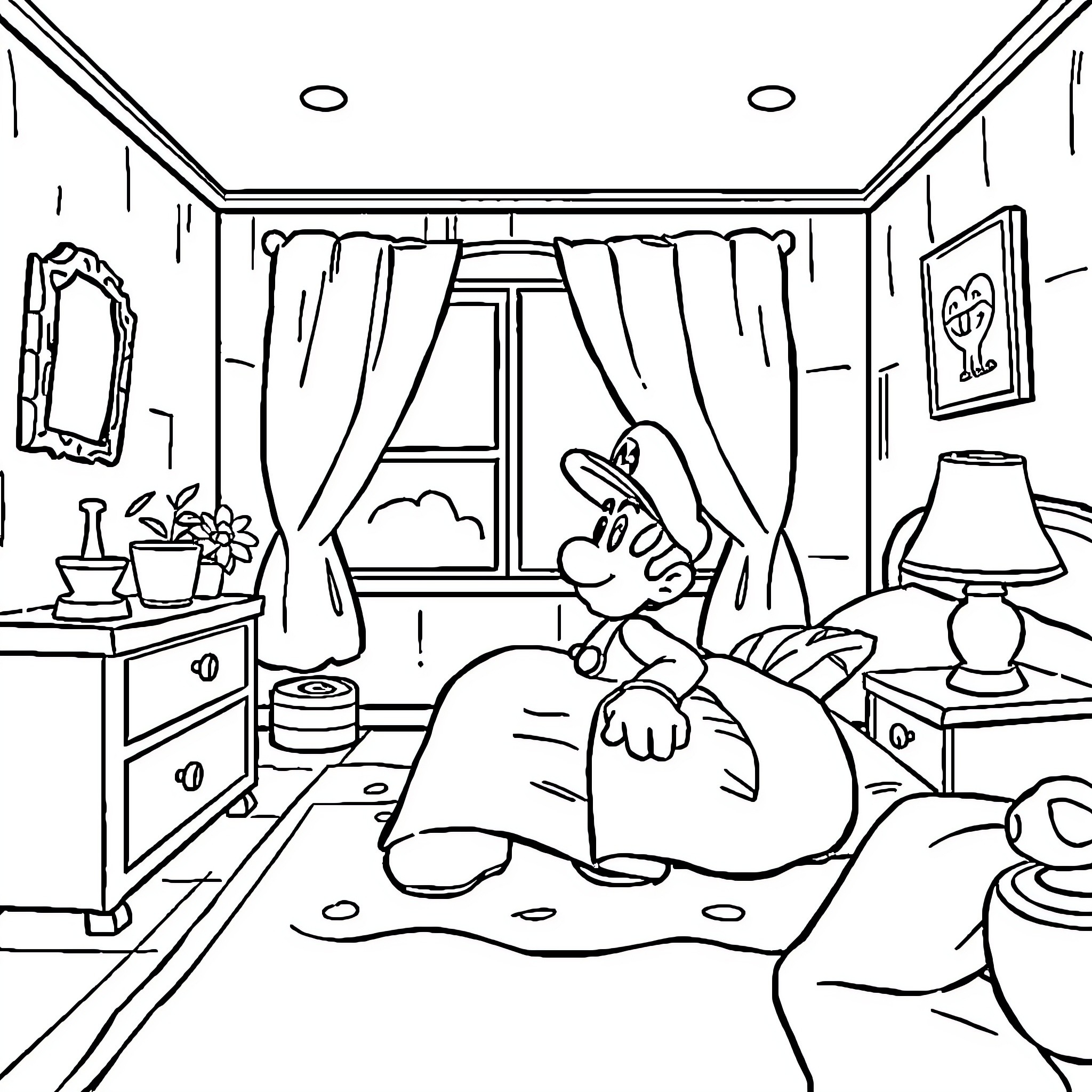 Mario relaxing comfortably in bedroom setting Coloring Page (free black-and-white line drawing printable PDF for all, from beginners to advanced learners, including children, teens, adults, and seniors)