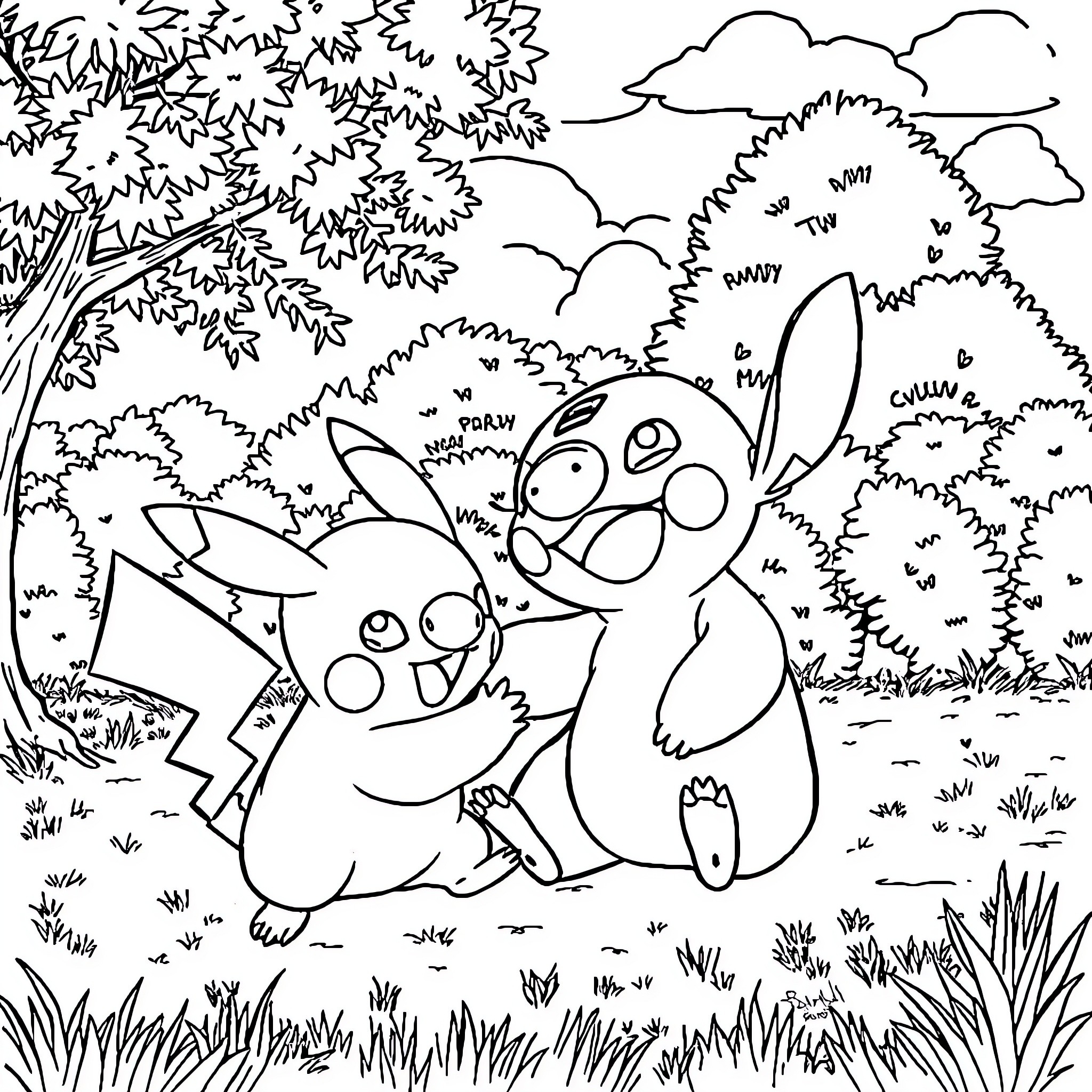 Pikachu and friends playing in the forest Coloring Page (free black-and-white line drawing printable PDF for all, from beginners to advanced learners, including children, teens, adults, and seniors)