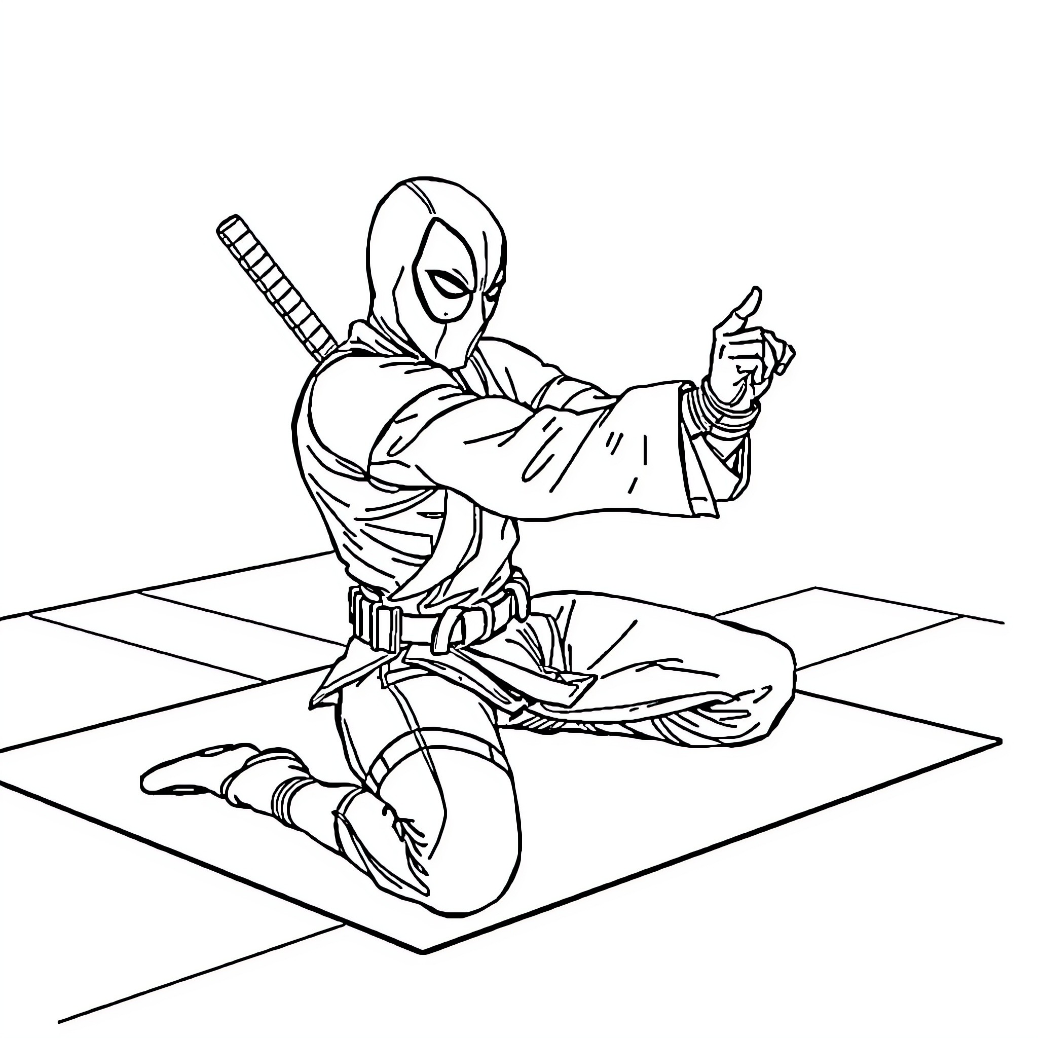 Deadpool in action-packed pose Coloring Page (free black-and-white line drawing printable PDF for all, from beginners to advanced learners, including children, teens, adults, and seniors)