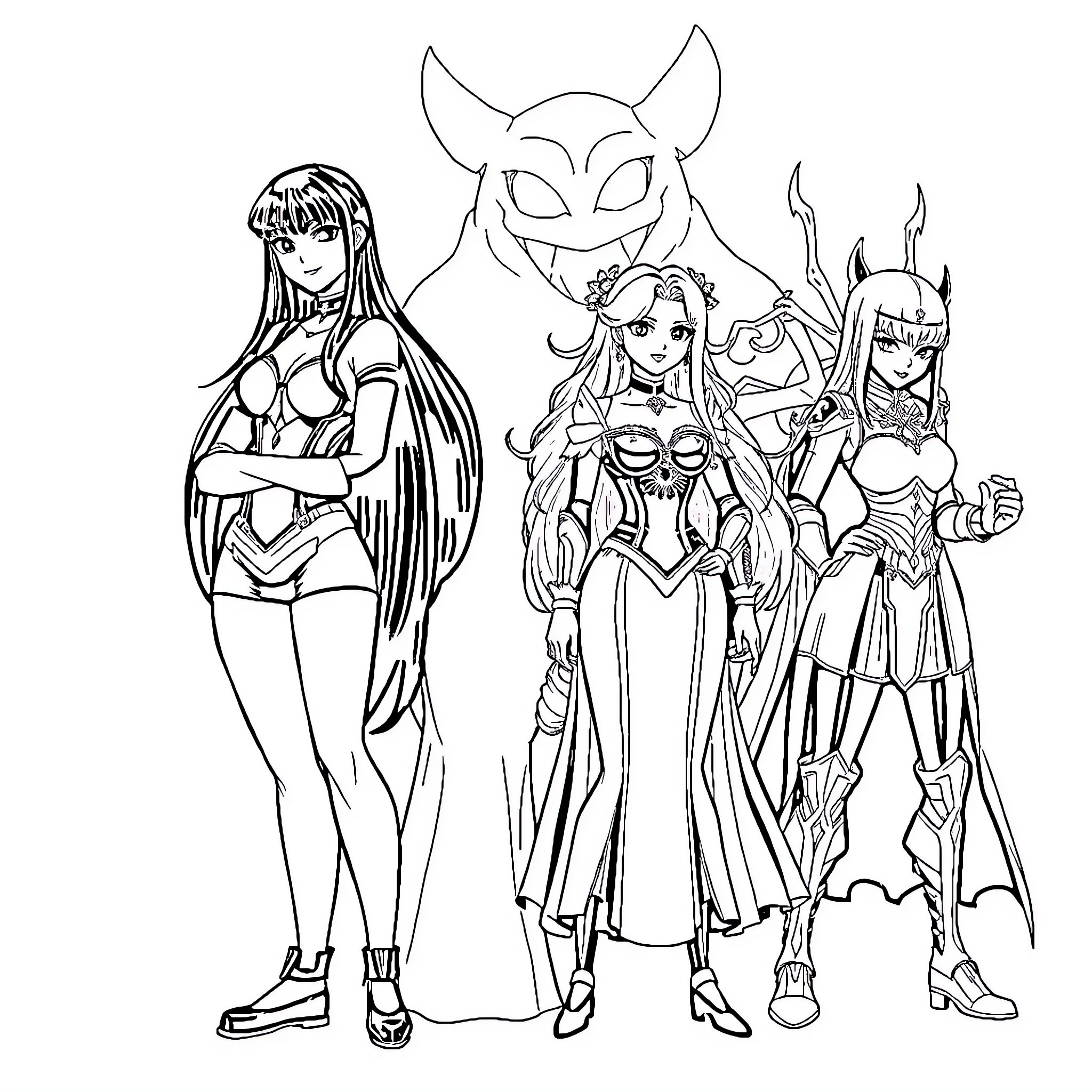 Character Heroines in Fantastical Outfits Coloring Page (free black-and-white line drawing printable PDF for all, from beginners to advanced learners, including children, teens, adults, and seniors)