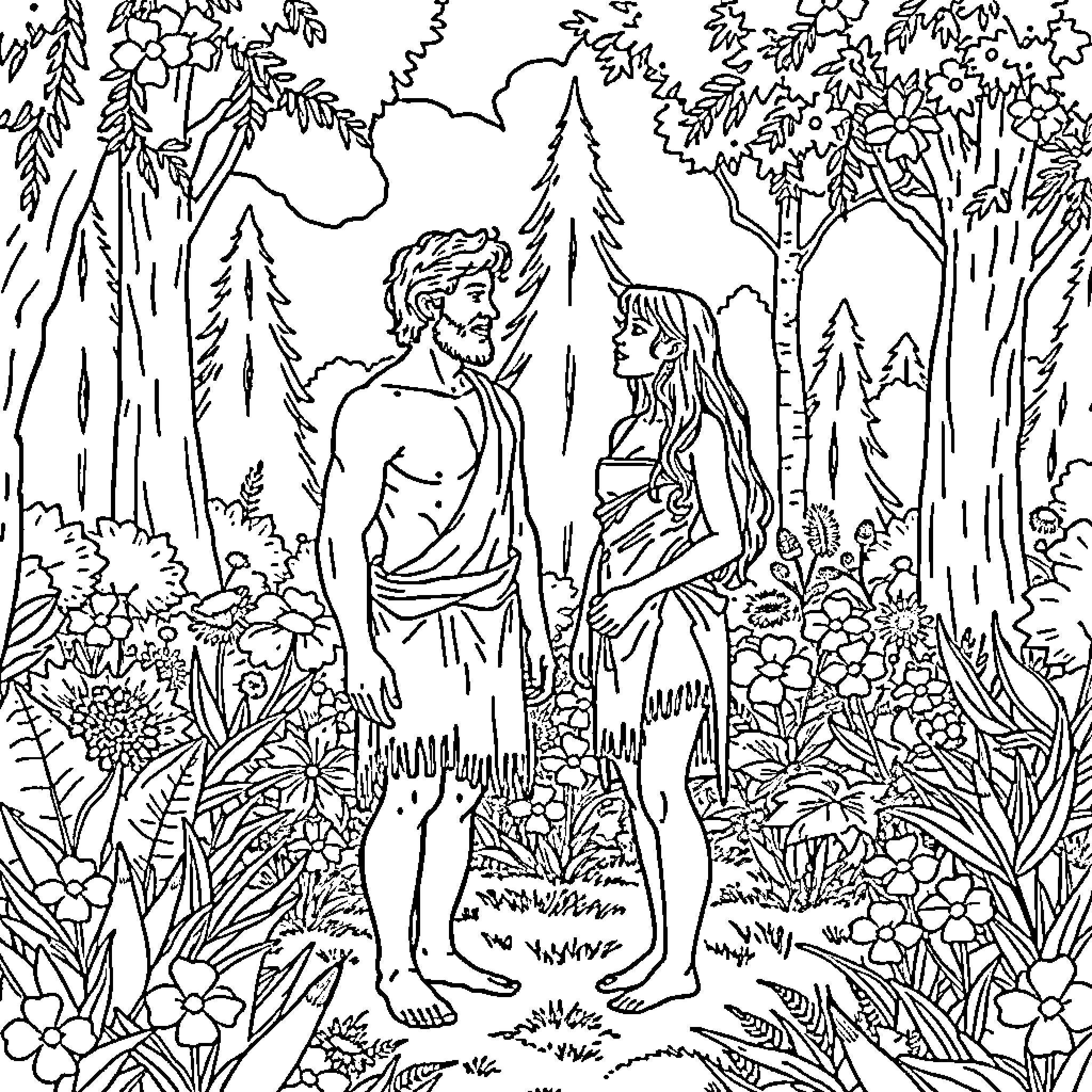 Adam and Eve in the Garden of Eden Coloring Page (free black-and-white line drawing printable PDF for all, from beginners to advanced learners, including children, teens, adults, and seniors)