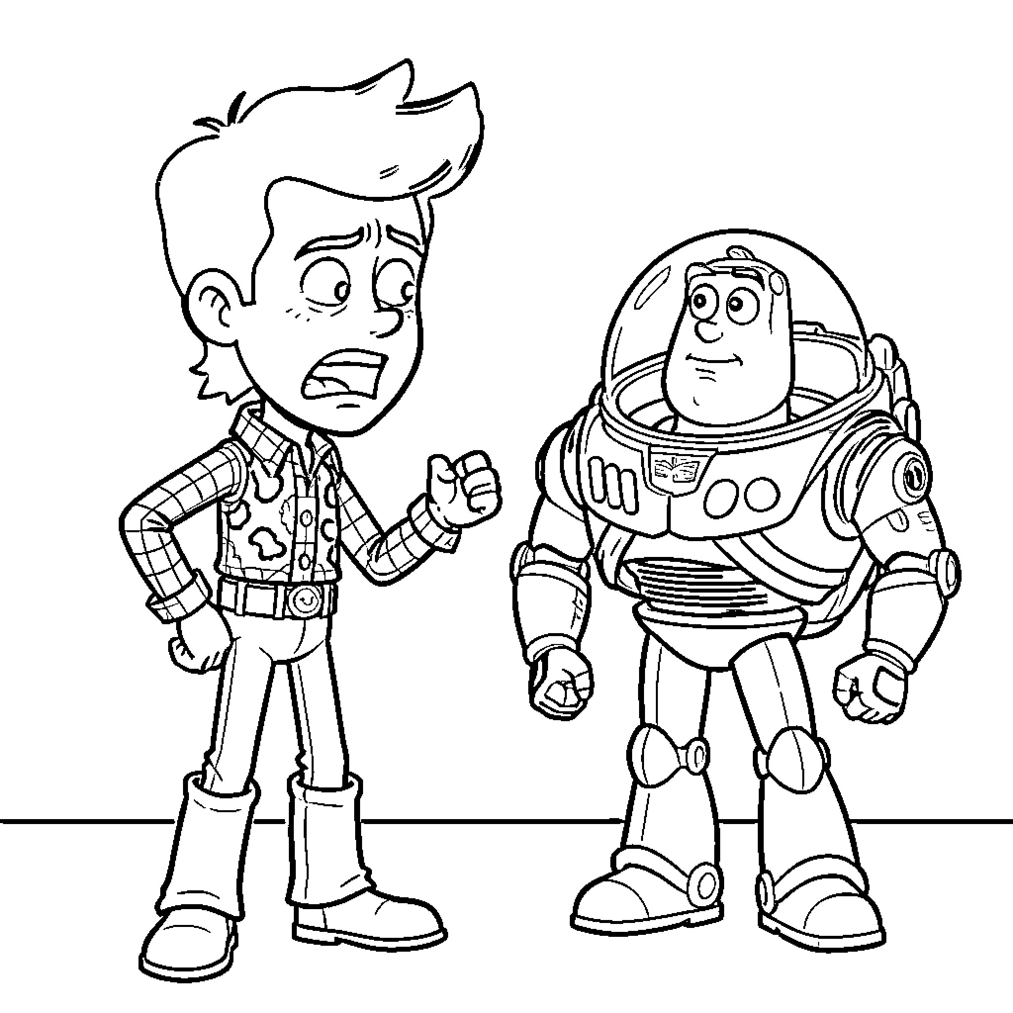 Woody and Buzz Lightyear in action Coloring Page (free black-and-white line drawing printable PDF for all, from beginners to advanced learners, including children, teens, adults, and seniors)