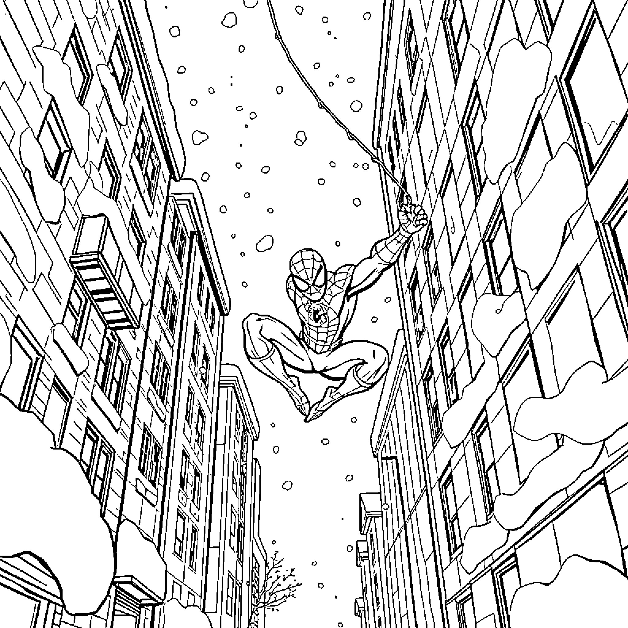 Spider-Man swinging through the city during snowfall Coloring Page (free black-and-white line drawing printable PDF for all, from beginners to advanced learners, including children, teens, adults, and seniors)