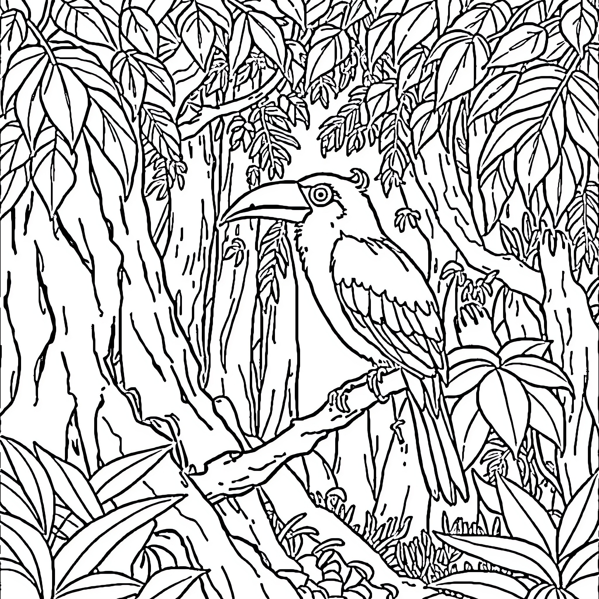 Wild Animal in Lush Jungle Environment Coloring Page (free black-and-white line drawing printable PDF for all, from beginners to advanced learners, including children, teens, adults, and seniors)
