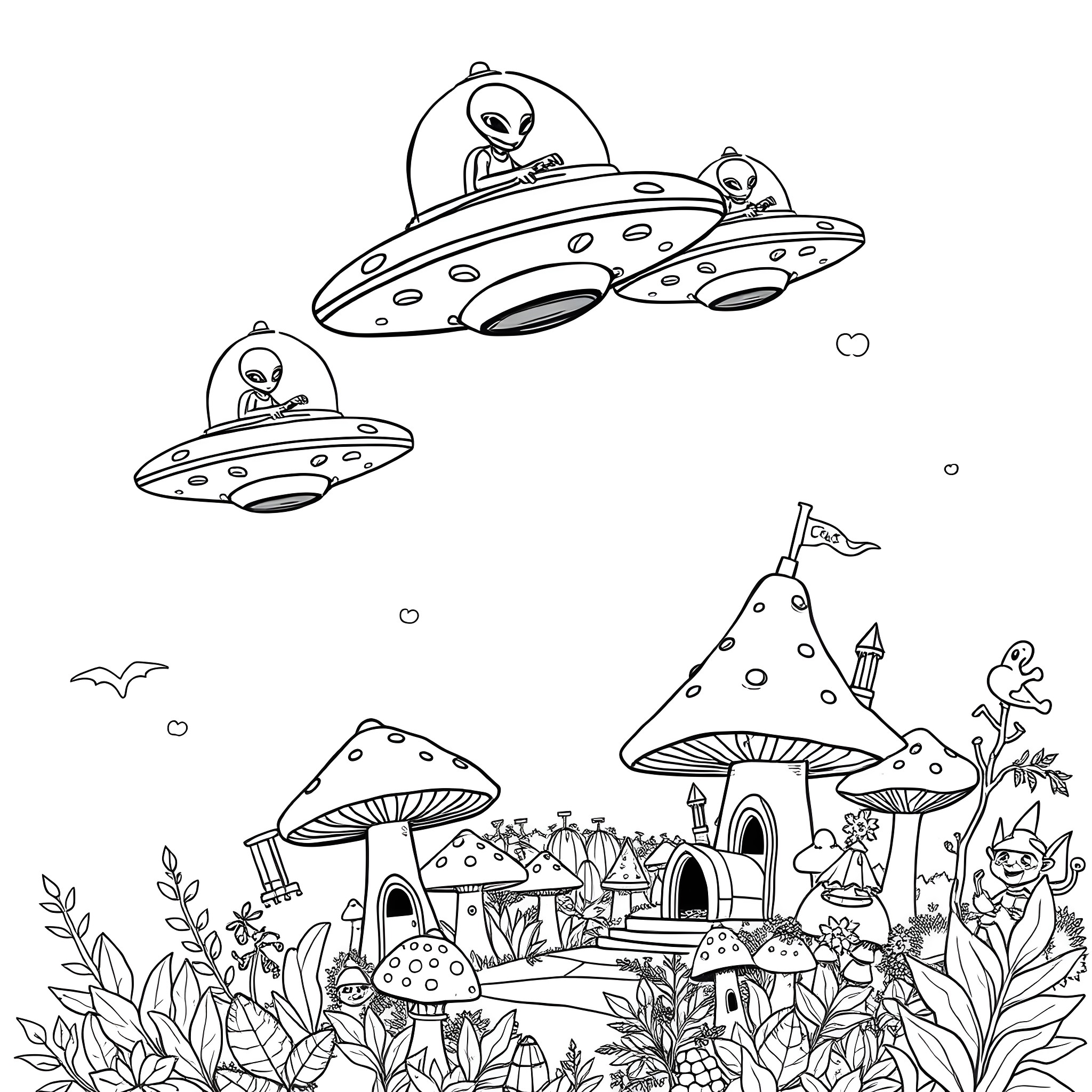 Alien spacecraft hovering over whimsical mushroom landscape Coloring Page (free black-and-white line drawing printable PDF for all, from beginners to advanced learners, including children, teens, adults, and seniors)