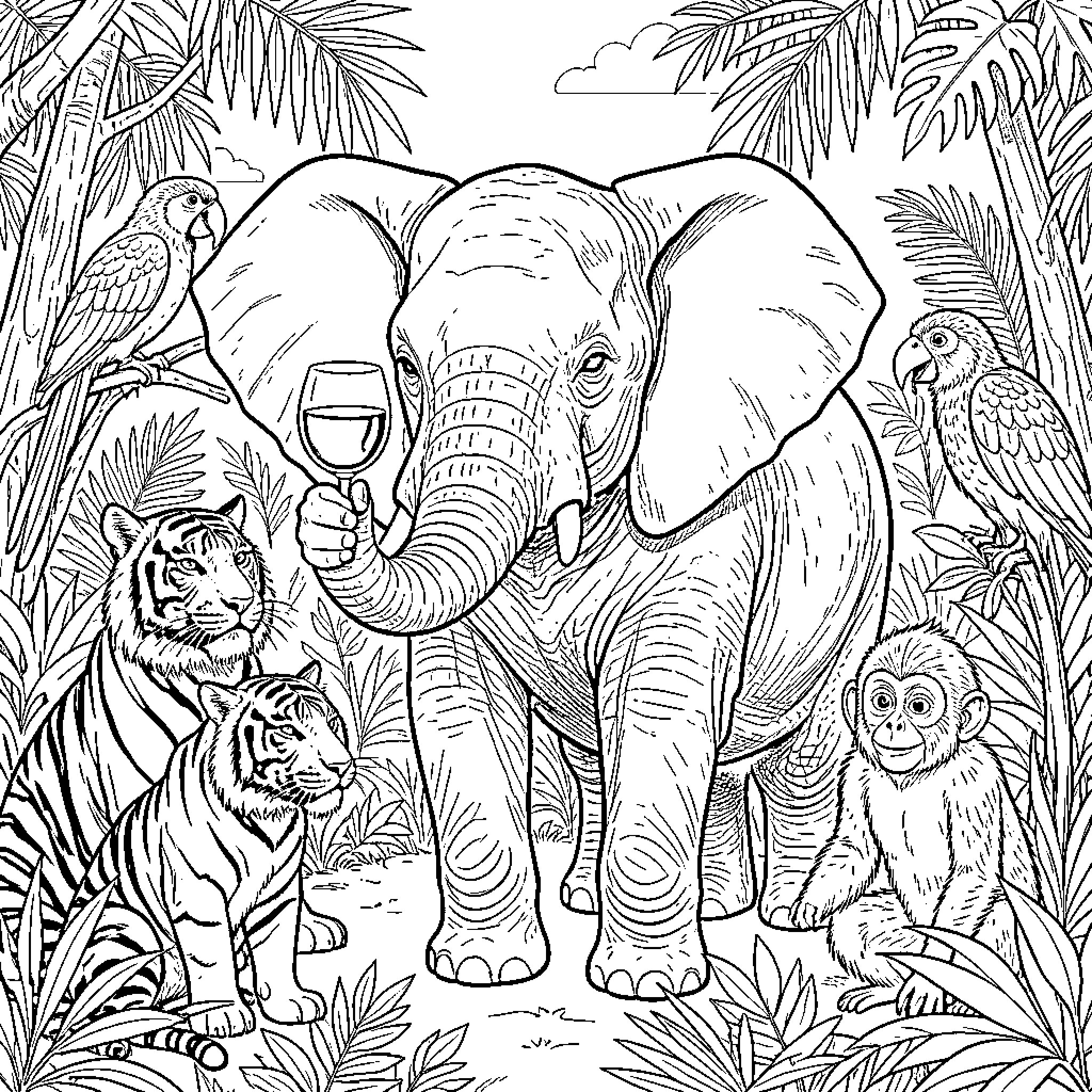 Elephant and other jungle animals in a tropical scene Coloring Page (free black-and-white line drawing printable PDF for all, from beginners to advanced learners, including children, teens, adults, and seniors)