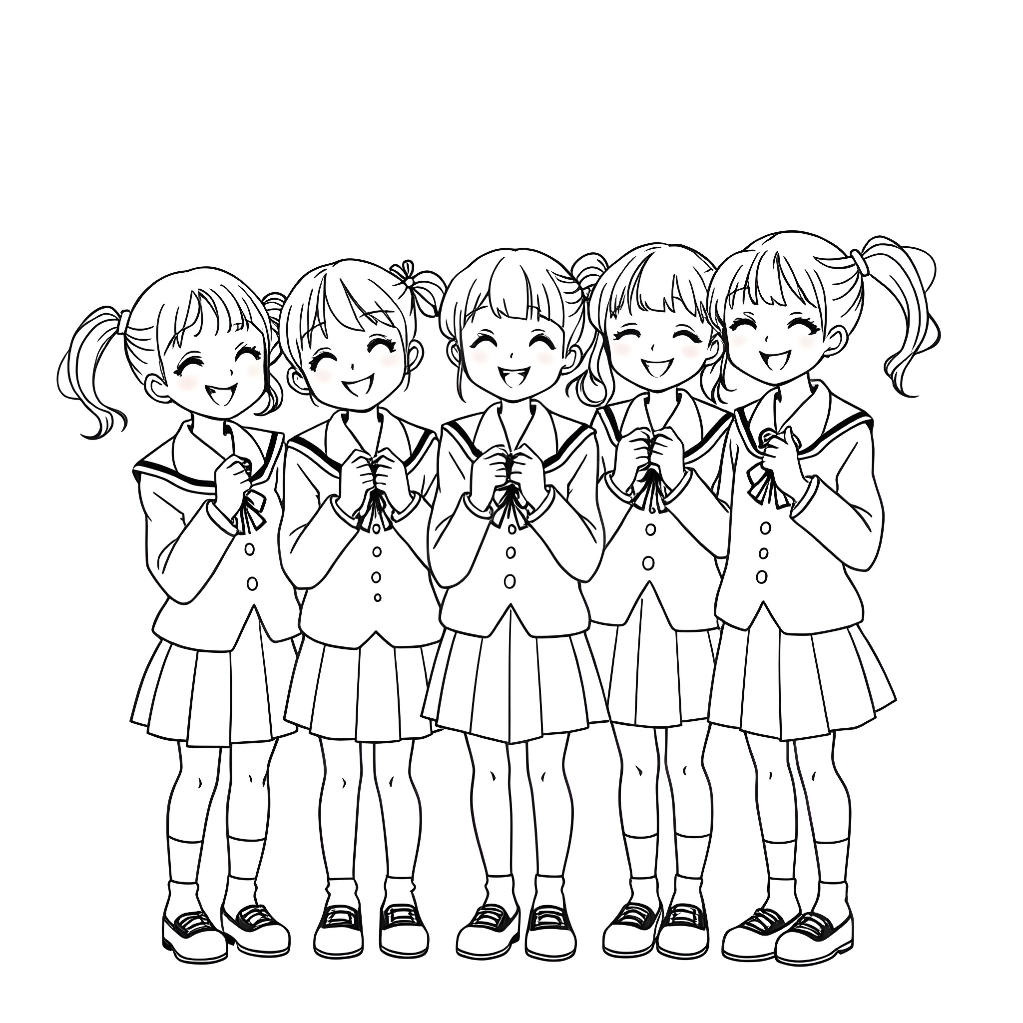 Woman in school uniform cheerfully smiling with friends Coloring Page (free black-and-white line drawing printable PDF for all, from beginners to advanced learners, including children, teens, adults, and seniors)