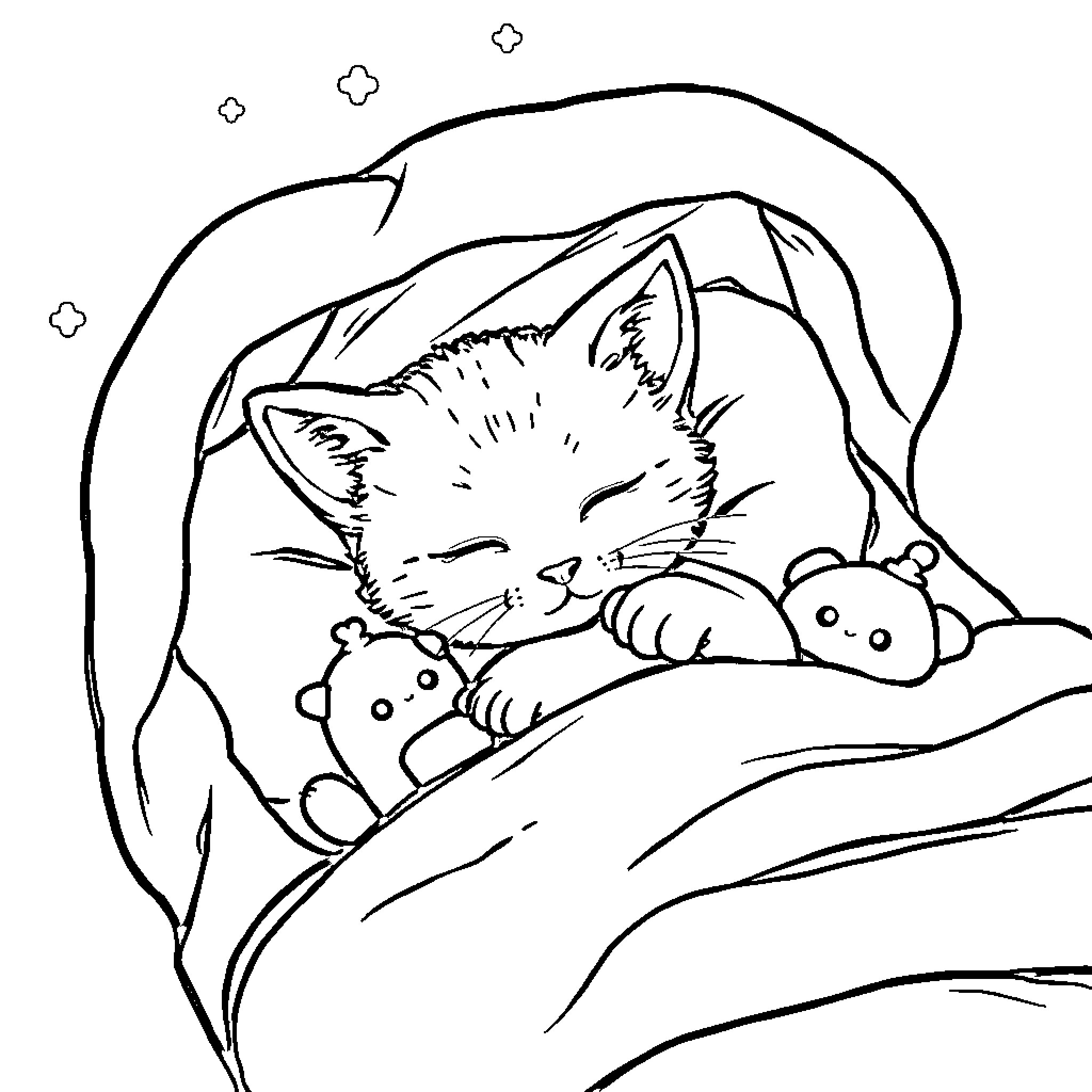 Cat cuddling with stuffed toys on the bed Coloring Page (free black-and-white line drawing printable PDF for all, from beginners to advanced learners, including children, teens, adults, and seniors)