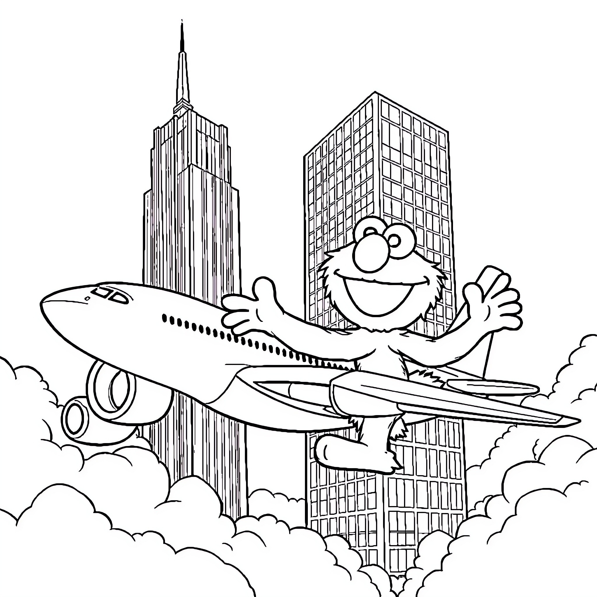 Elmo's Aerial Adventure Through the City Coloring Page (free black-and-white line drawing printable PDF for all, from beginners to advanced learners, including children, teens, adults, and seniors)