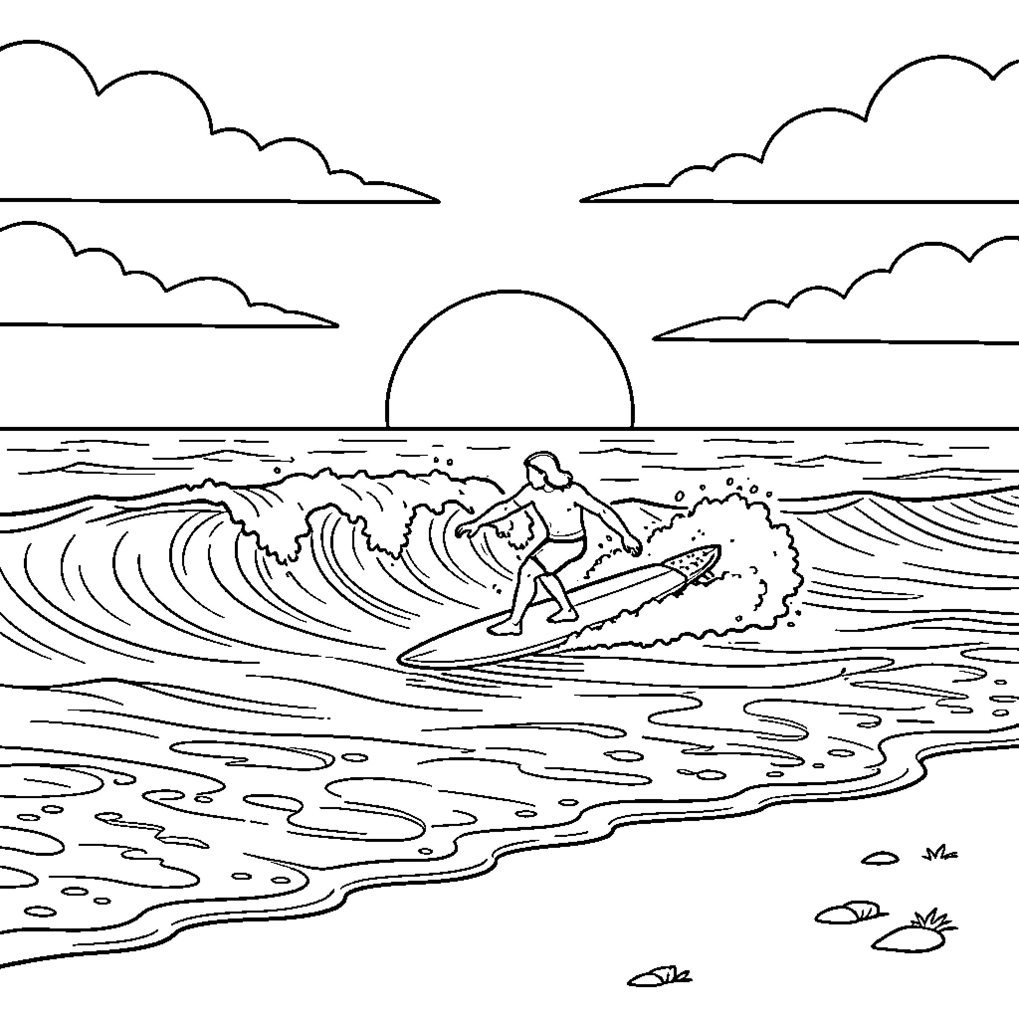 Surfer riding a large ocean wave at sunset Coloring Page (free black-and-white line drawing printable PDF for all, from beginners to advanced learners, including children, teens, adults, and seniors)