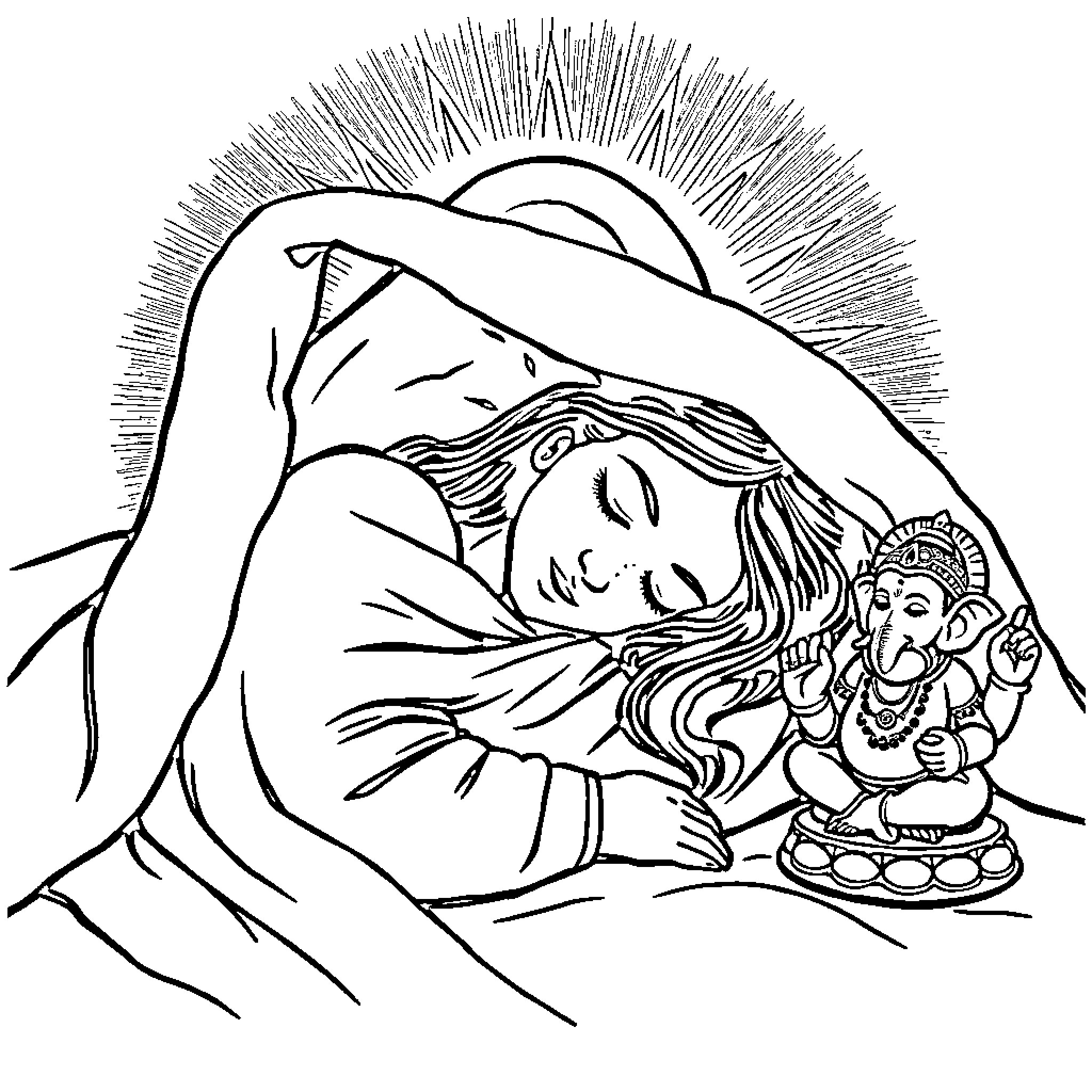 Ganesh comforting a resting person Coloring Page (free black-and-white line drawing printable PDF for all, from beginners to advanced learners, including children, teens, adults, and seniors)