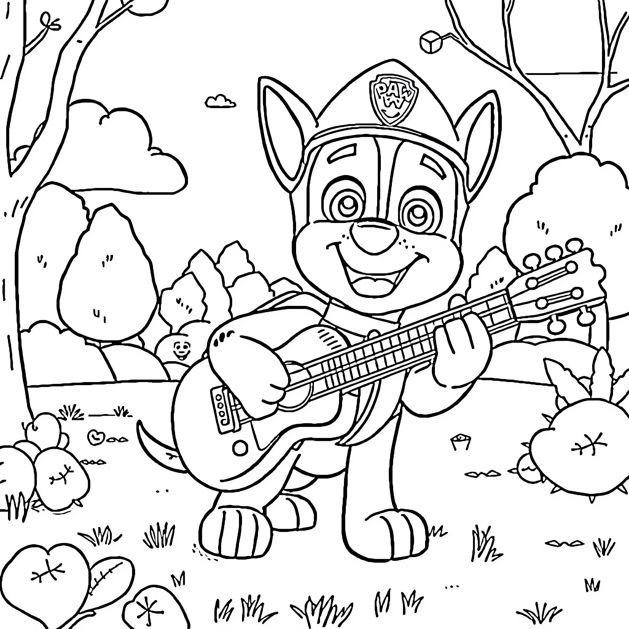 Chase the Pup's Musical Adventure in the Woods Coloring Page (free black-and-white line drawing printable PDF for all, from beginners to advanced learners, including children, teens, adults, and seniors)