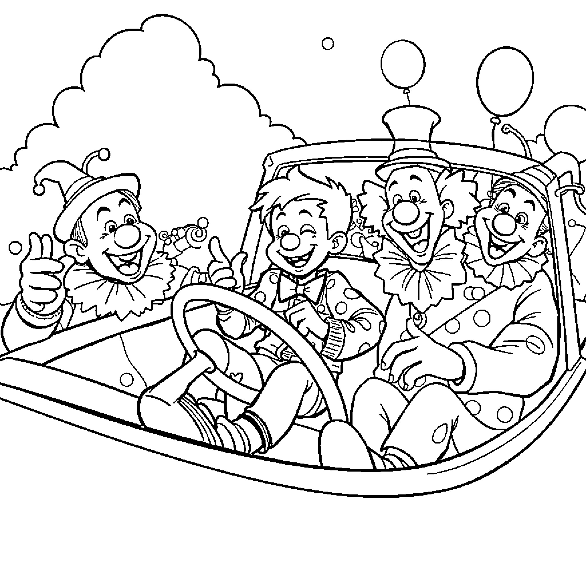 Car Filled with Cheerful Clowns and Balloons Coloring Page (free black-and-white line drawing printable PDF for all, from beginners to advanced learners, including children, teens, adults, and seniors)