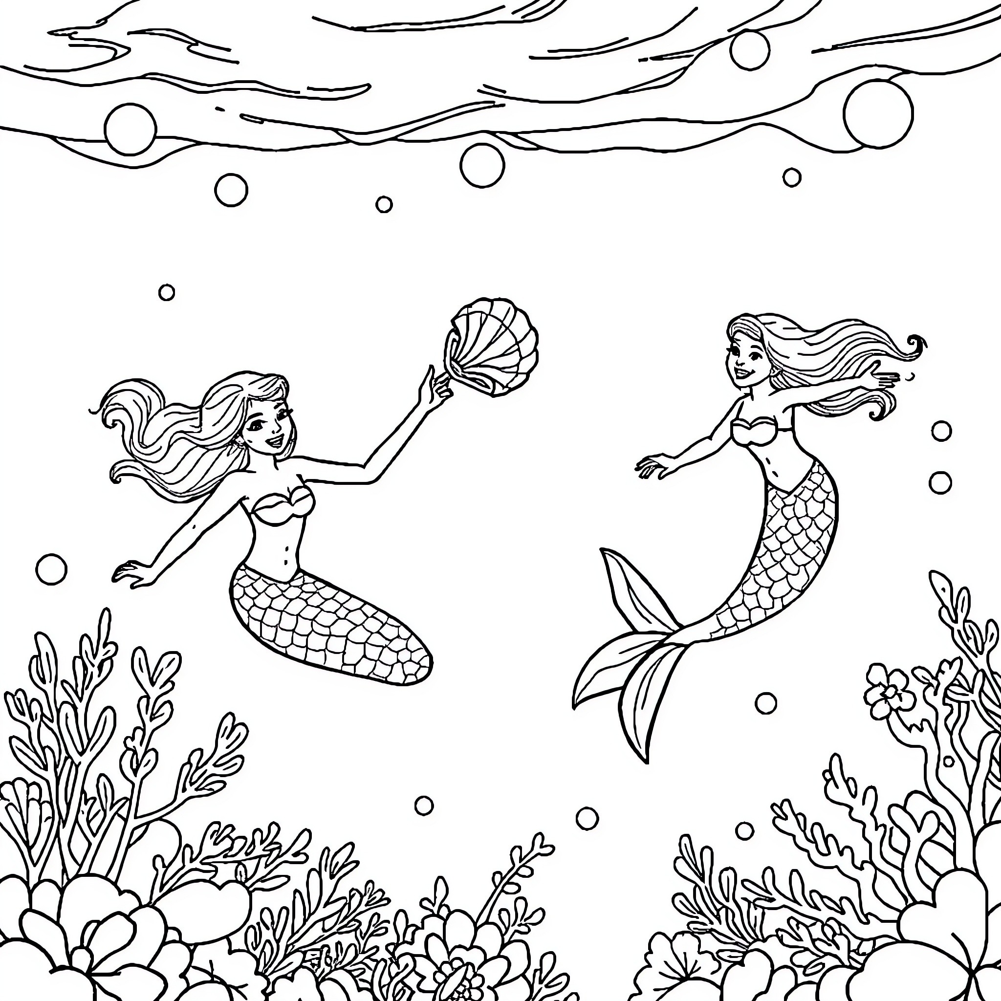 Mermaid Underwater Adventure Coloring Page (free black-and-white line drawing printable PDF for all, from beginners to advanced learners, including children, teens, adults, and seniors)