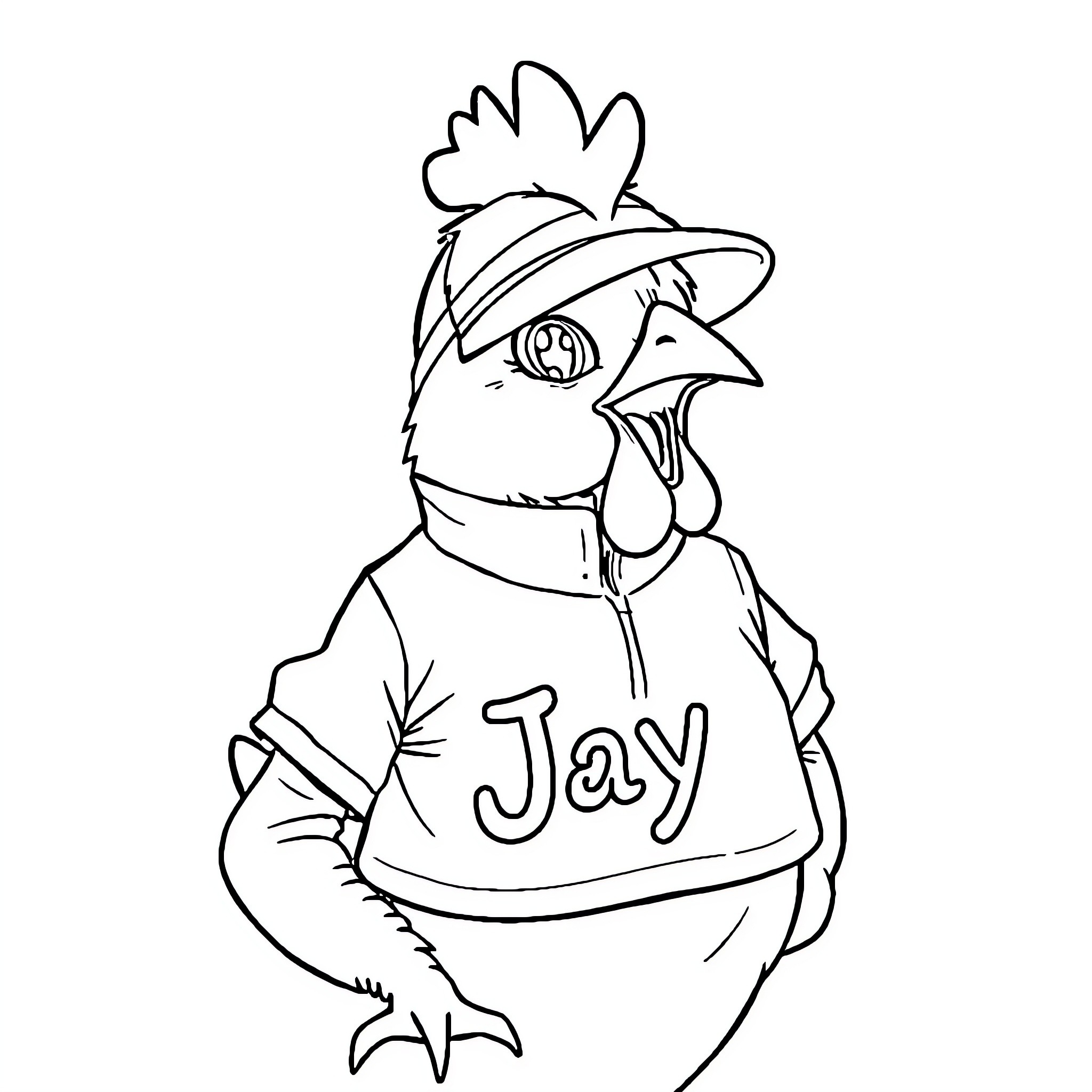 Chicken wearing hat and shirt with name Jay Coloring Page (free black-and-white line drawing printable PDF for all, from beginners to advanced learners, including children, teens, adults, and seniors)