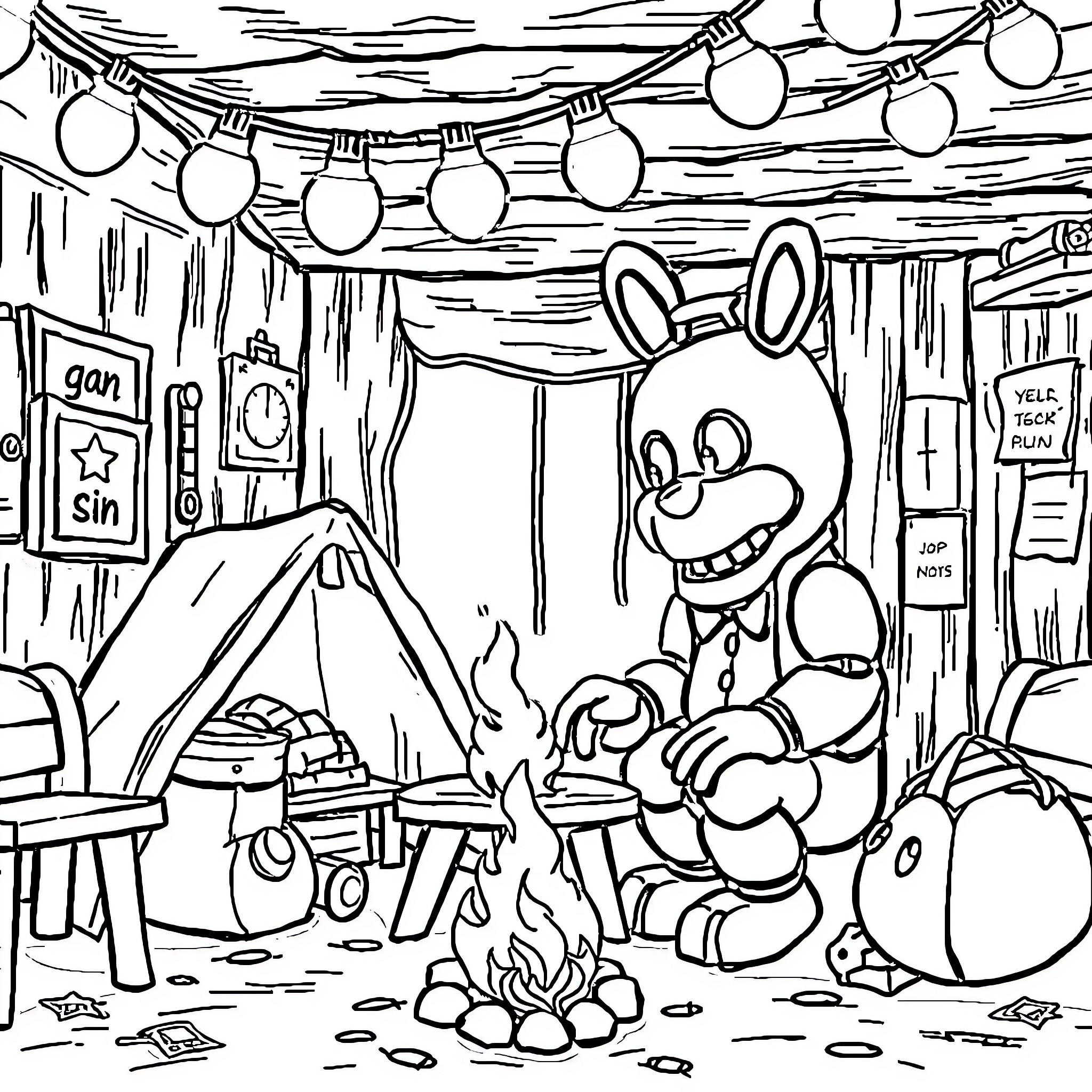 Daycare Attendant Supervises Playful Cartoon Characters Camping Coloring Page (free black-and-white line drawing printable PDF for all, from beginners to advanced learners, including children, teens, adults, and seniors)