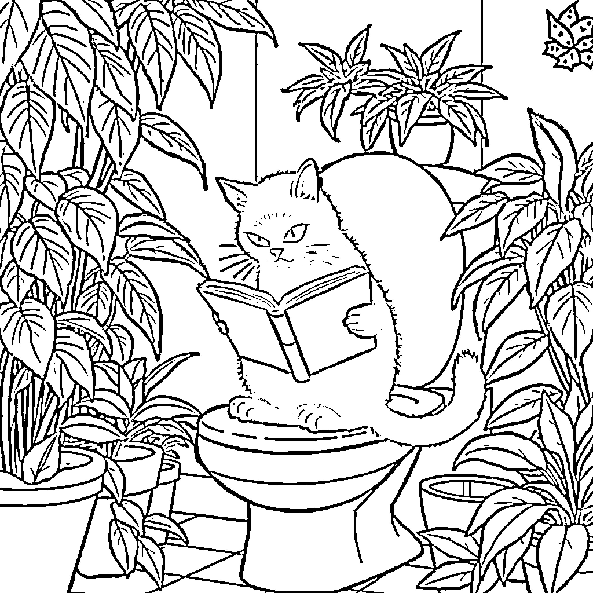 Cat Reading a Book in a Lush Garden Coloring Page (free black-and-white line drawing printable PDF for all, from beginners to advanced learners, including children, teens, adults, and seniors)