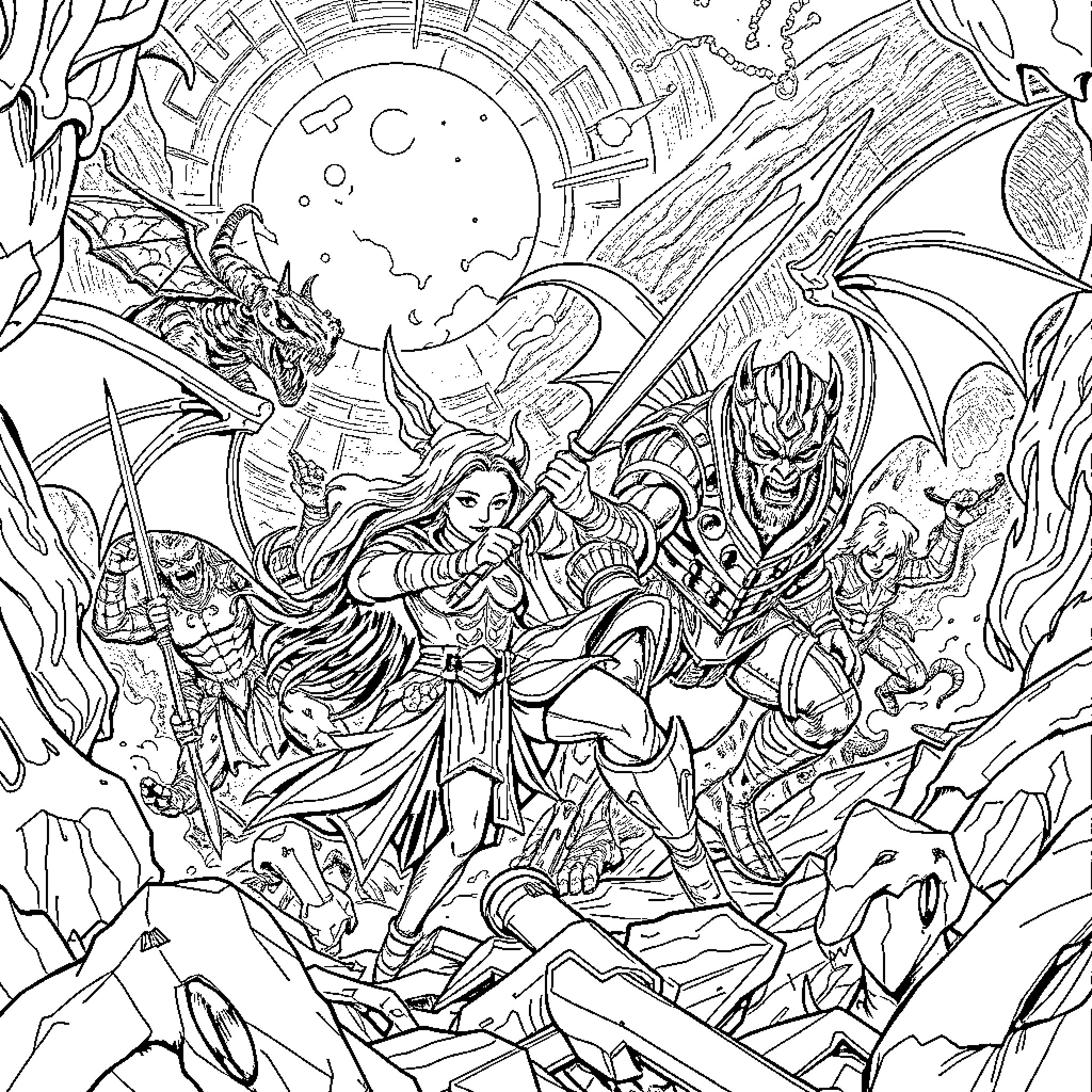 Huntrix Battling Mythical Creatures in Fantastical Realm Coloring Page (free black-and-white line drawing printable PDF for all, from beginners to advanced learners, including children, teens, adults, and seniors)
