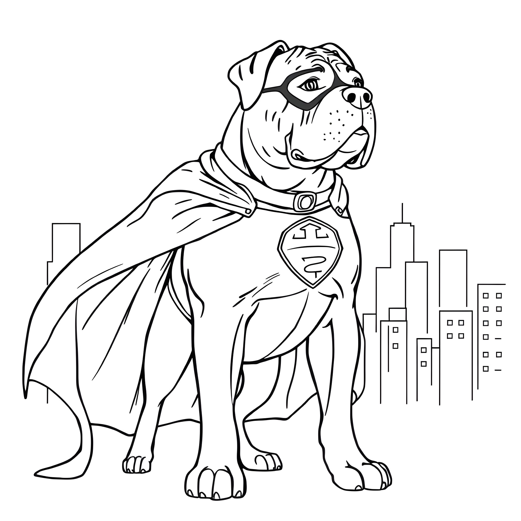 Mastiff superhero rescuing the city Coloring Page (free black-and-white line drawing printable PDF for all, from beginners to advanced learners, including children, teens, adults, and seniors)