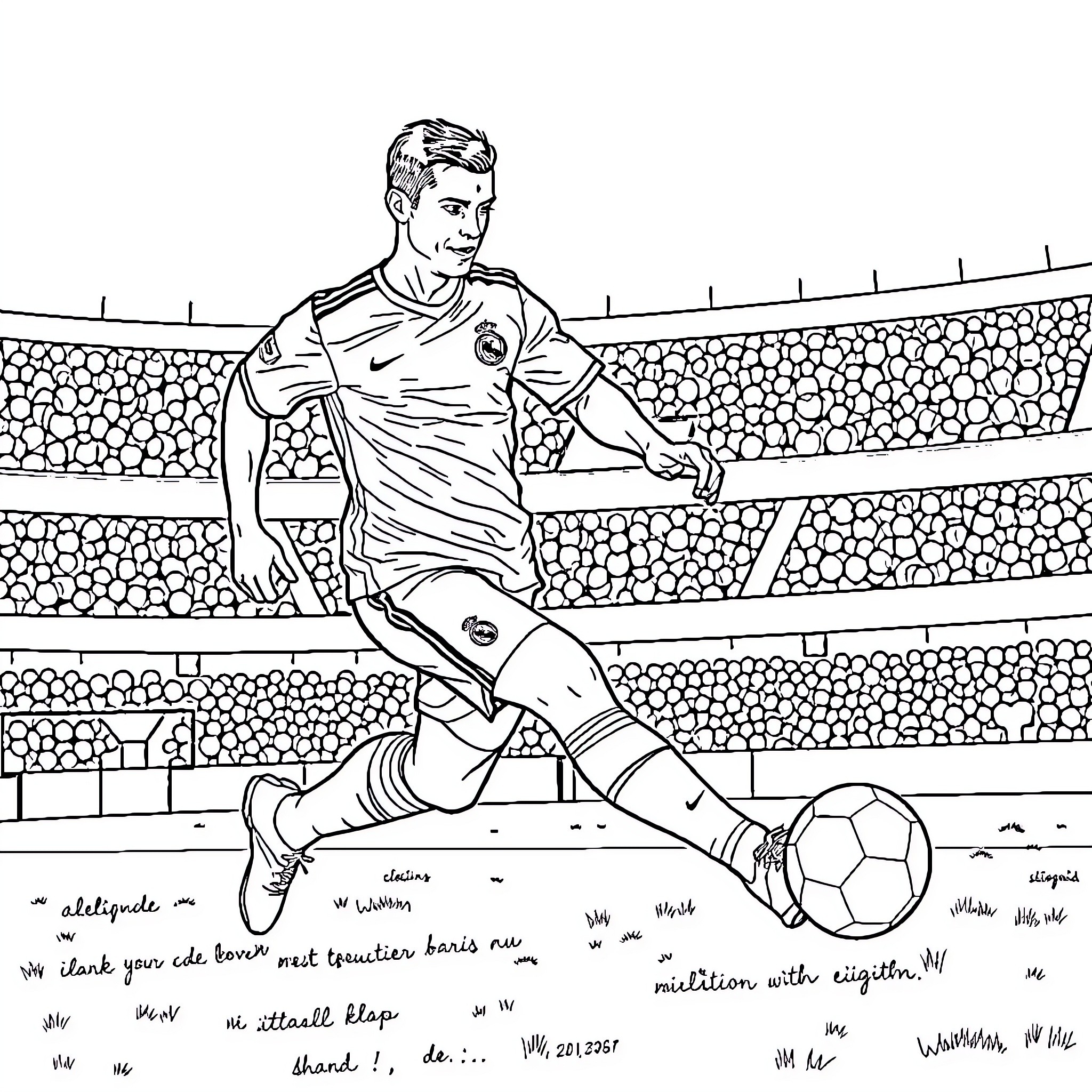 Cristiano Ronaldo playing soccer in a stadium Coloring Page (free black-and-white line drawing printable PDF for all, from beginners to advanced learners, including children, teens, adults, and seniors)