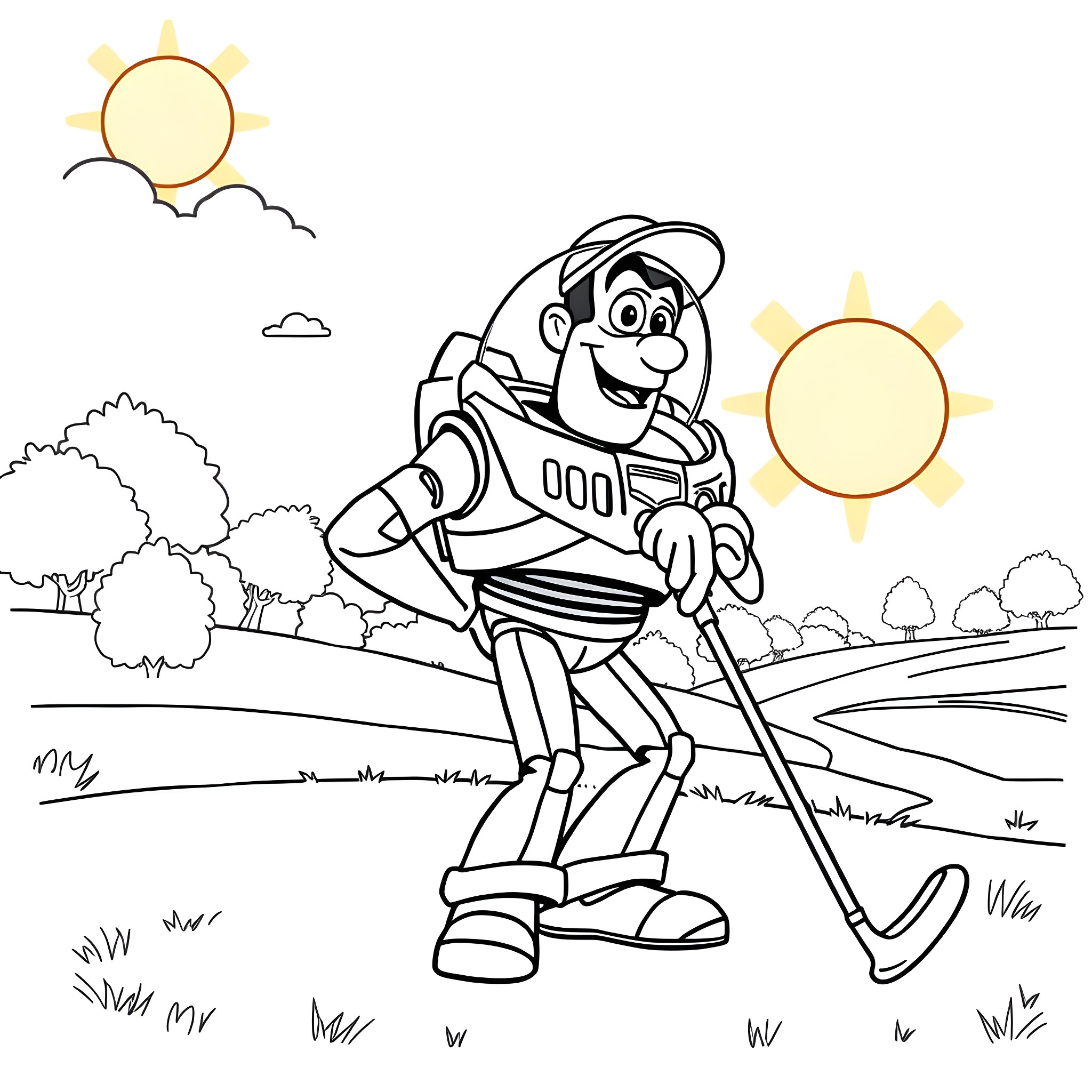 Character exploring the outdoor landscape Coloring Page (free black-and-white line drawing printable PDF for all, from beginners to advanced learners, including children, teens, adults, and seniors)