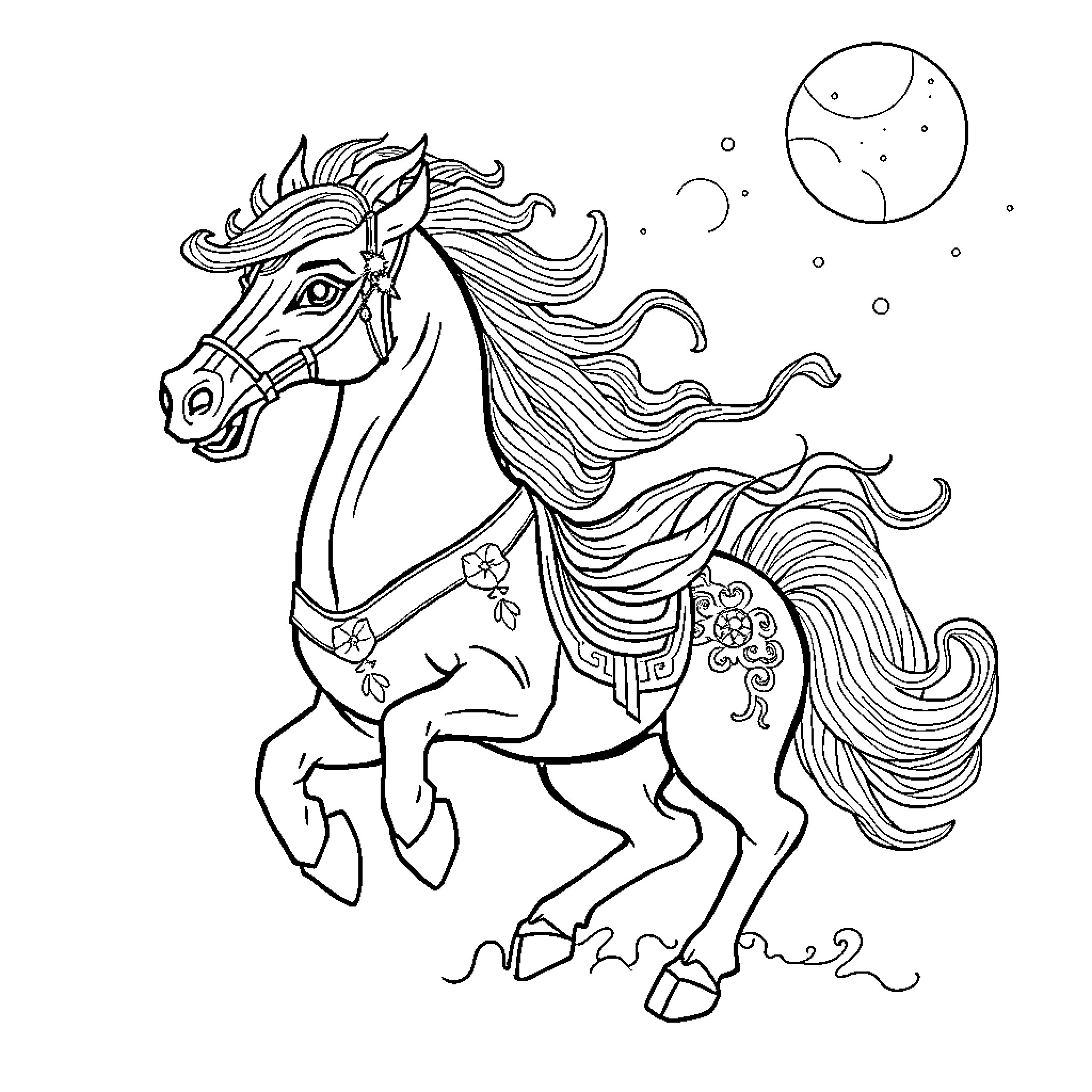 Horse galloping under the moon with ornate decor Coloring Page (free black-and-white line drawing printable PDF for all, from beginners to advanced learners, including children, teens, adults, and seniors)
