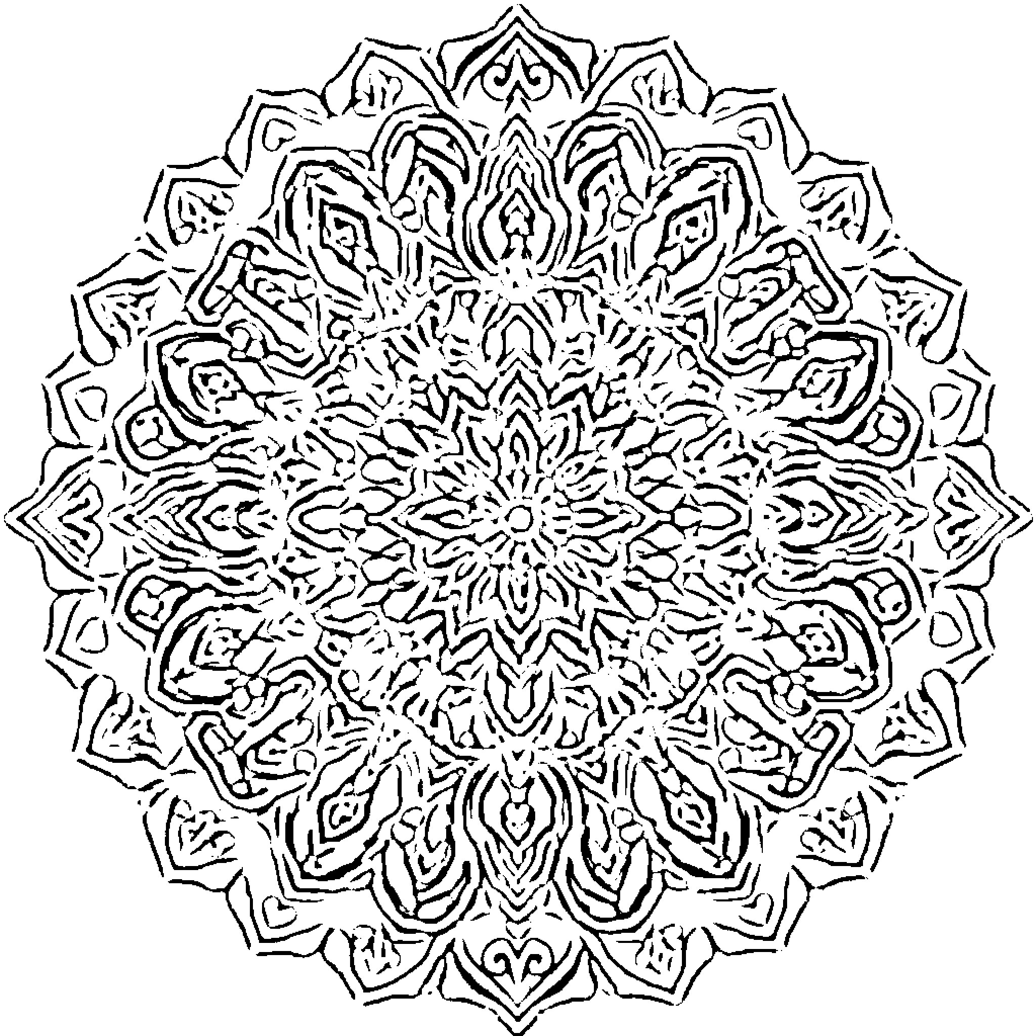 Mandala of intricate symmetrical patterns Coloring Page (free black-and-white line drawing printable PDF for all, from beginners to advanced learners, including children, teens, adults, and seniors)