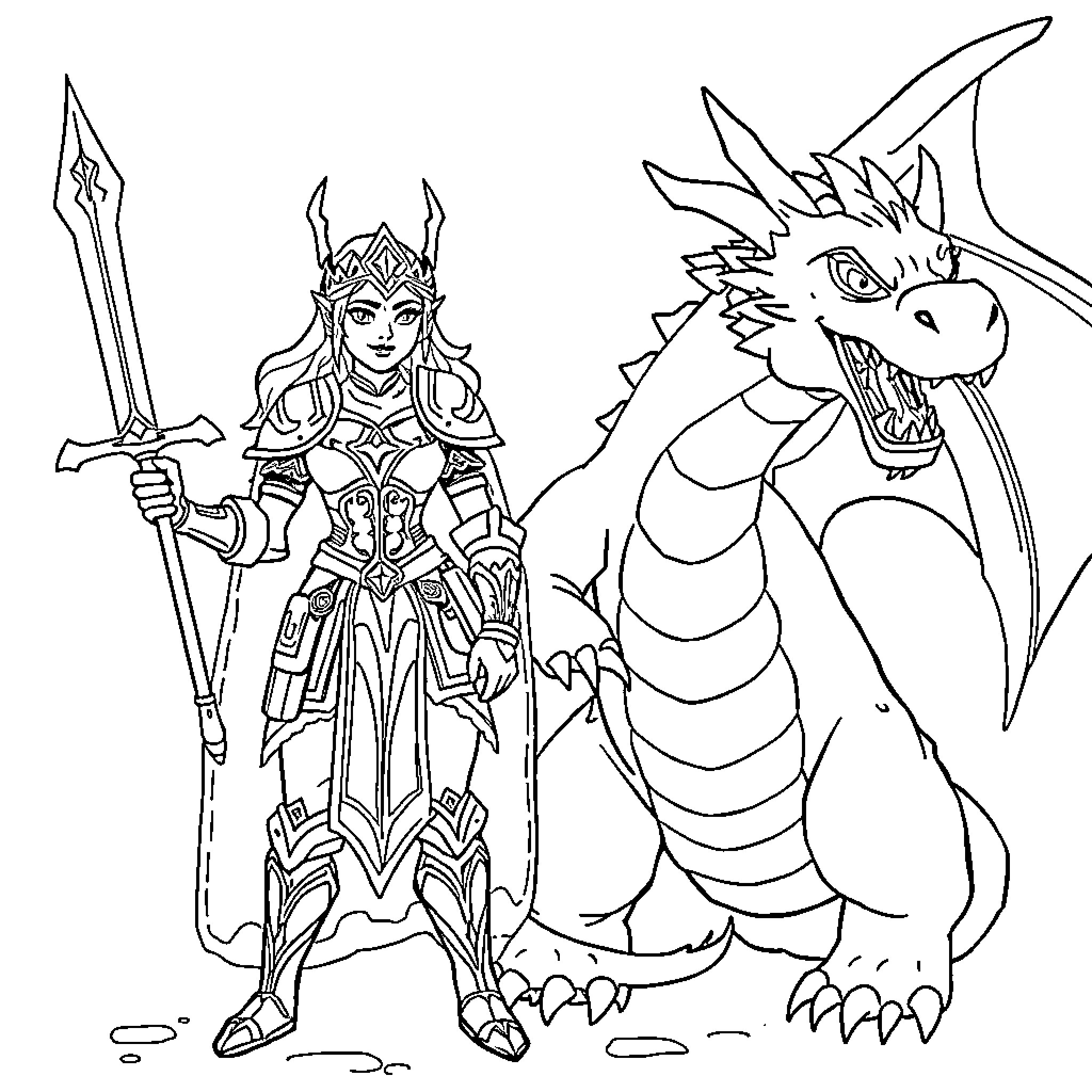 Princess Warrior Battles Mighty Dragon Coloring Page (free black-and-white line drawing printable PDF for all, from beginners to advanced learners, including children, teens, adults, and seniors)