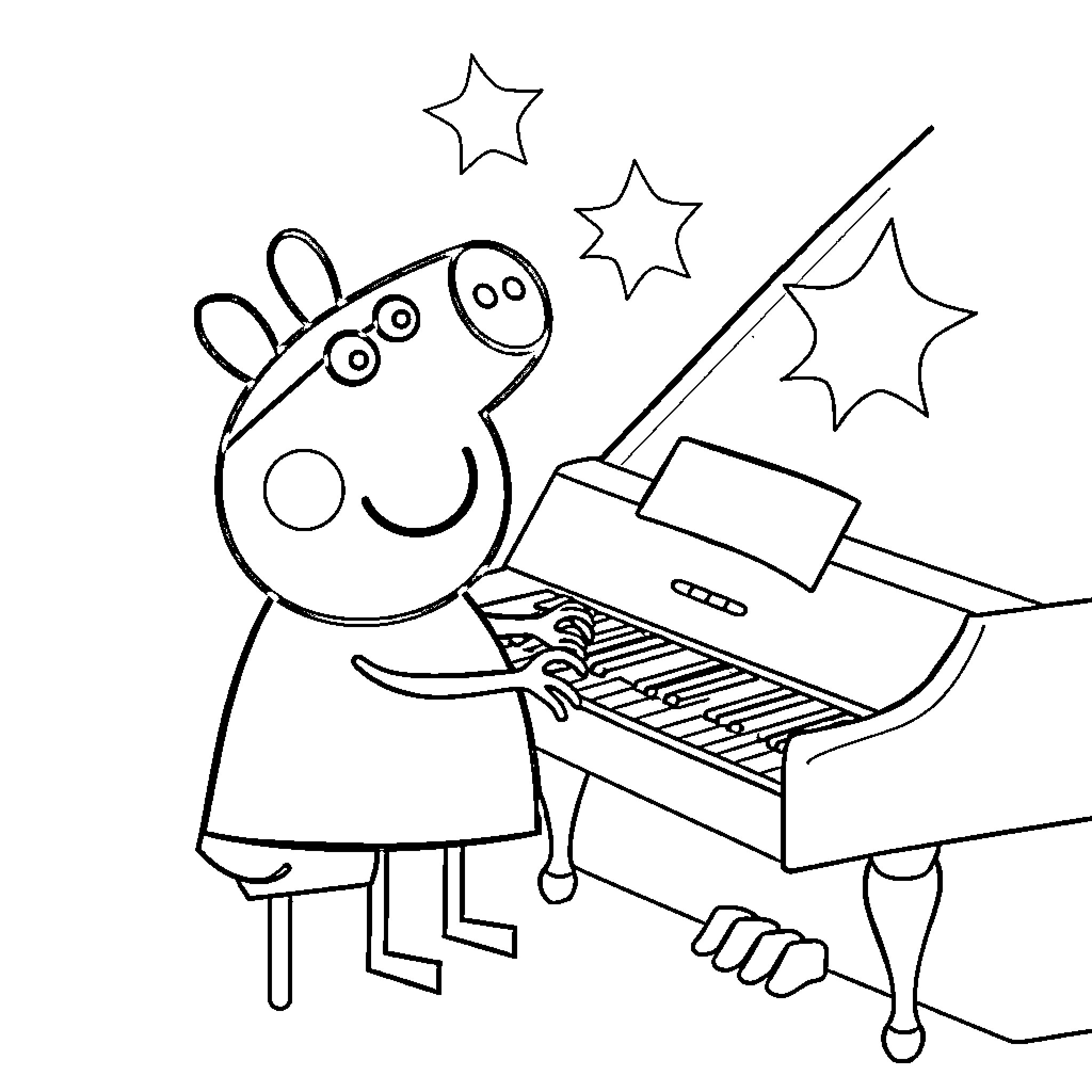 Peppa Pig playing piano with stars Coloring Page (free black-and-white line drawing printable PDF for all, from beginners to advanced learners, including children, teens, adults, and seniors)