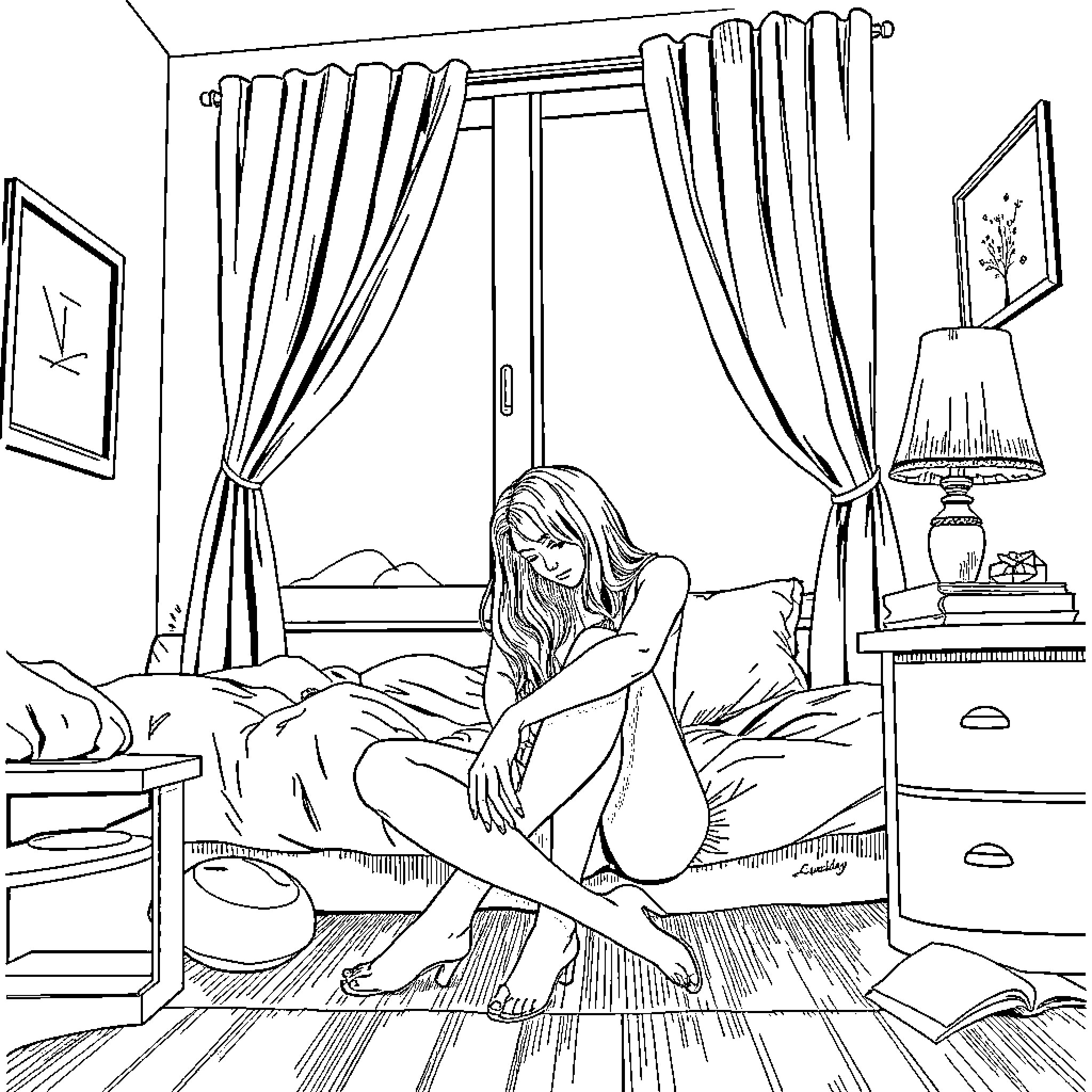 Sabrina Carpenter sitting thoughtfully in her bedroom Coloring Page (free black-and-white line drawing printable PDF for all, from beginners to advanced learners, including children, teens, adults, and seniors)