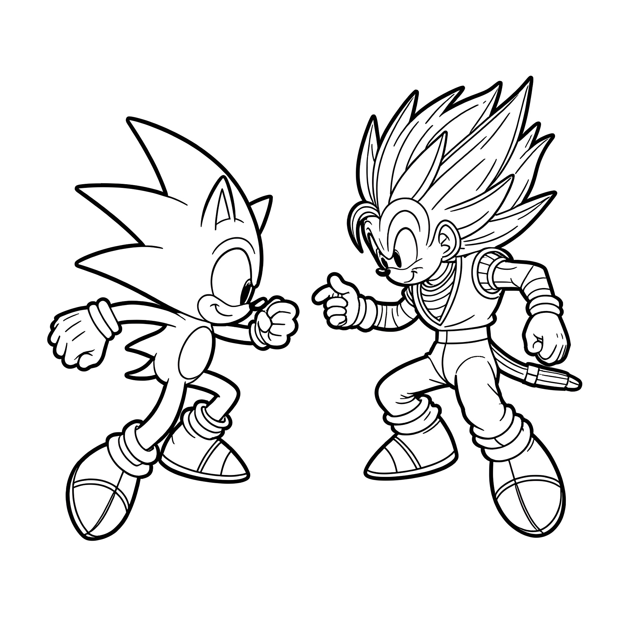 Sonic and Vegeta engaging in combat Coloring Page (free black-and-white line drawing printable PDF for all, from beginners to advanced learners, including children, teens, adults, and seniors)