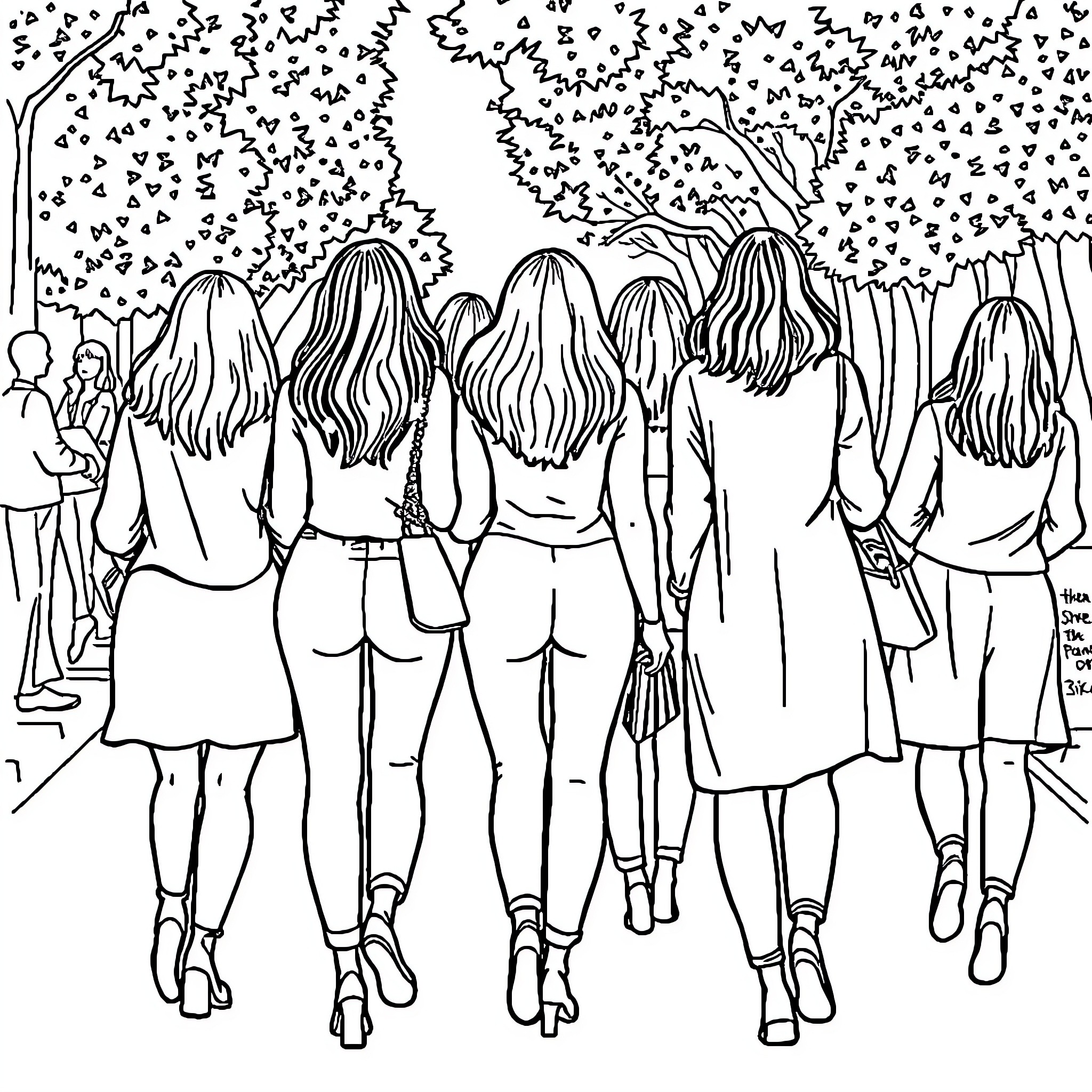 Women walking together in a park Coloring Page (free black-and-white line drawing printable PDF for all, from beginners to advanced learners, including children, teens, adults, and seniors)
