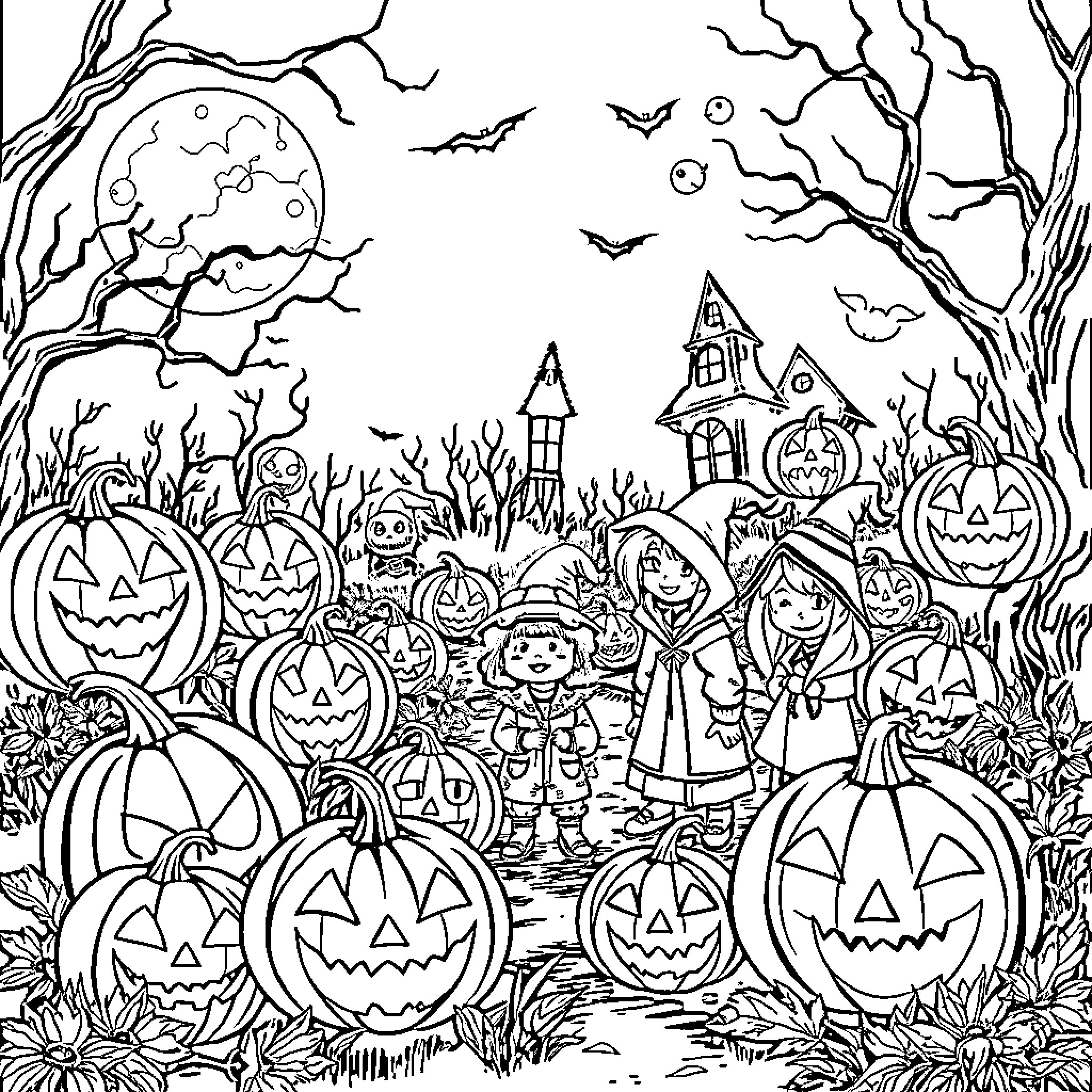 Halloween Scene with Pumpkins, Haunted House, and Trick-or-Treaters Coloring Page (free black-and-white line drawing printable PDF for all, from beginners to advanced learners, including children, teens, adults, and seniors)