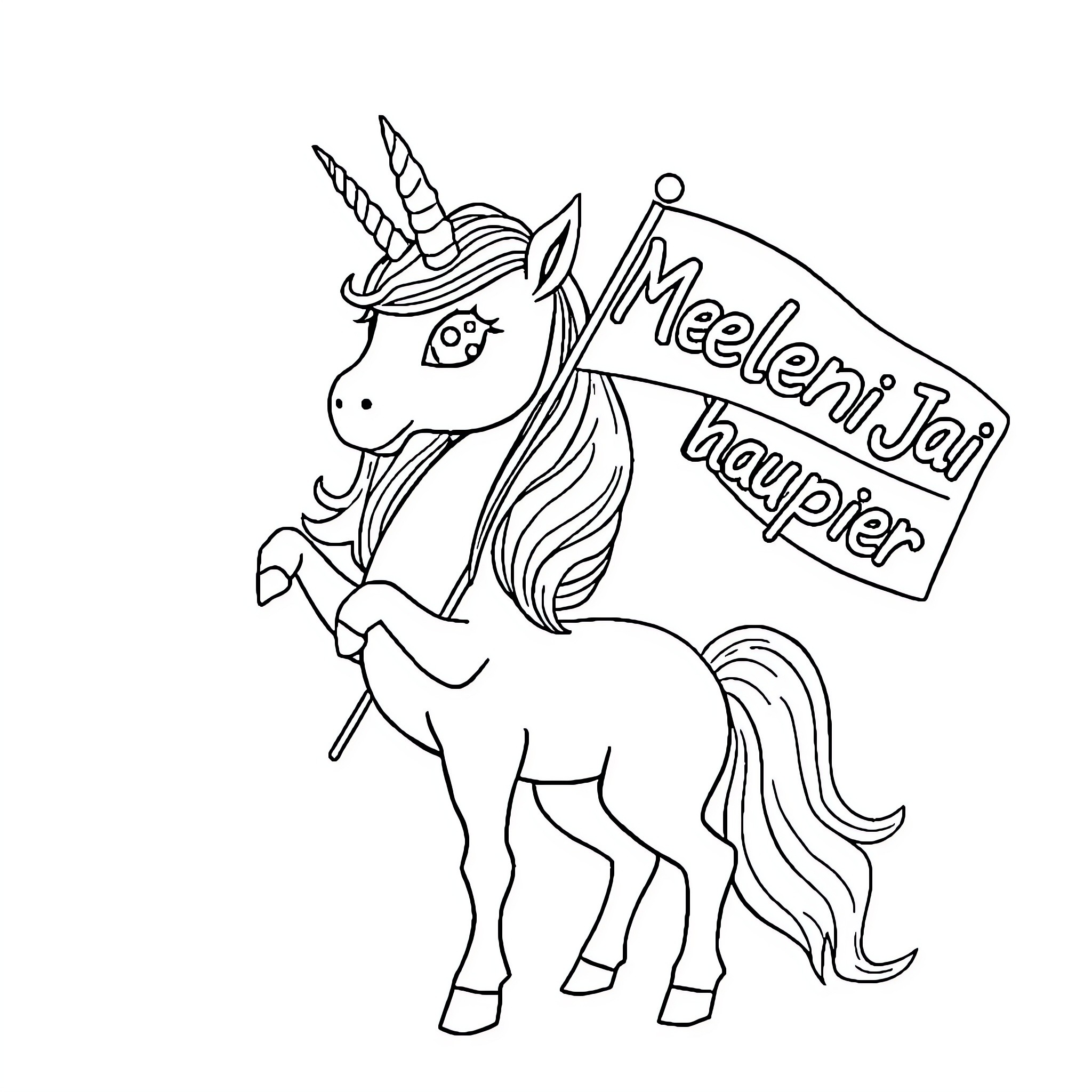 Unicorn holding a motivational sign Coloring Page (free black-and-white line drawing printable PDF for all, from beginners to advanced learners, including children, teens, adults, and seniors)