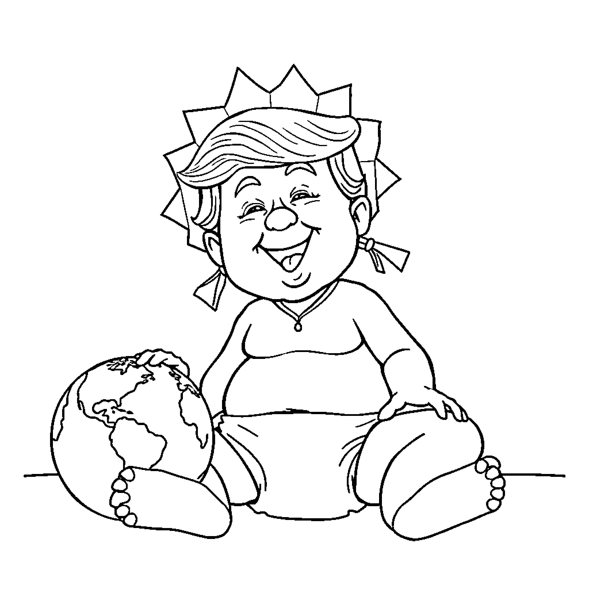 Donald Trump Sitting Happily with the World Coloring Page (free black-and-white line drawing printable PDF for all, from beginners to advanced learners, including children, teens, adults, and seniors)
